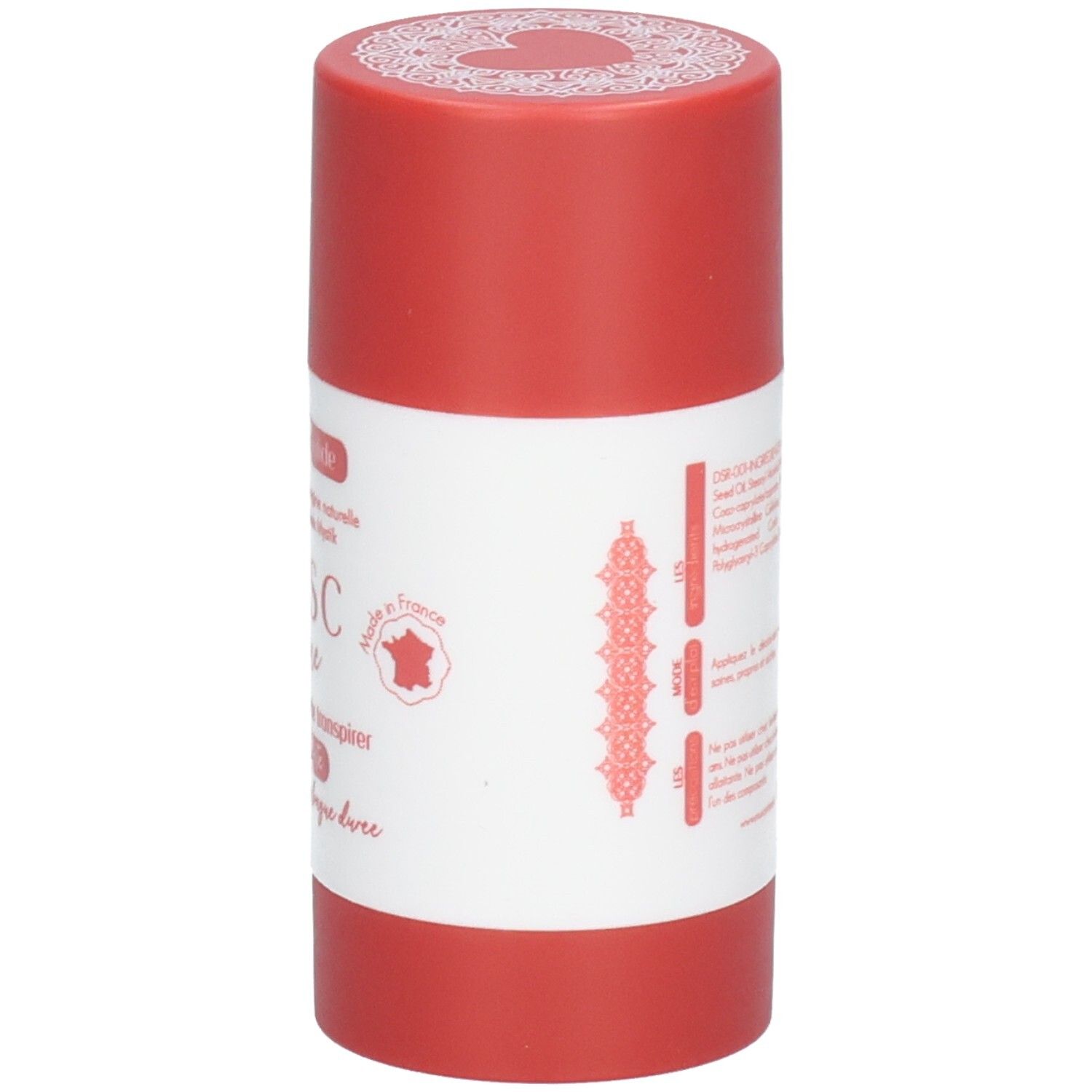 Roter Deostift, Rückseite mit Inhaltsstoffen und Anwendungshinweisen. Hergestellt in Frankreich.