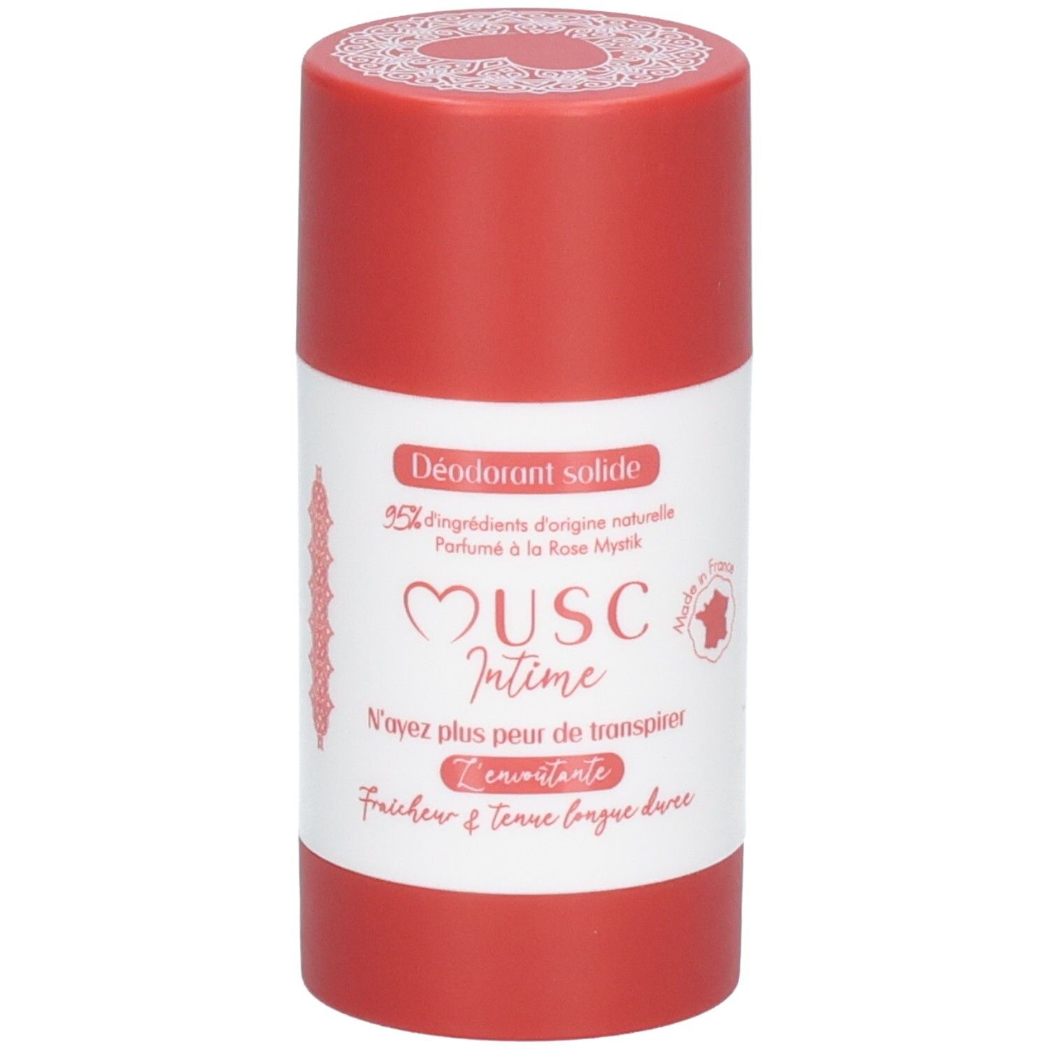 Roter Deostift mit weißem Etikett. Aufschrift: Musc Intime, Deodorant solide. 95% natürliche Inhaltsstoffe.
