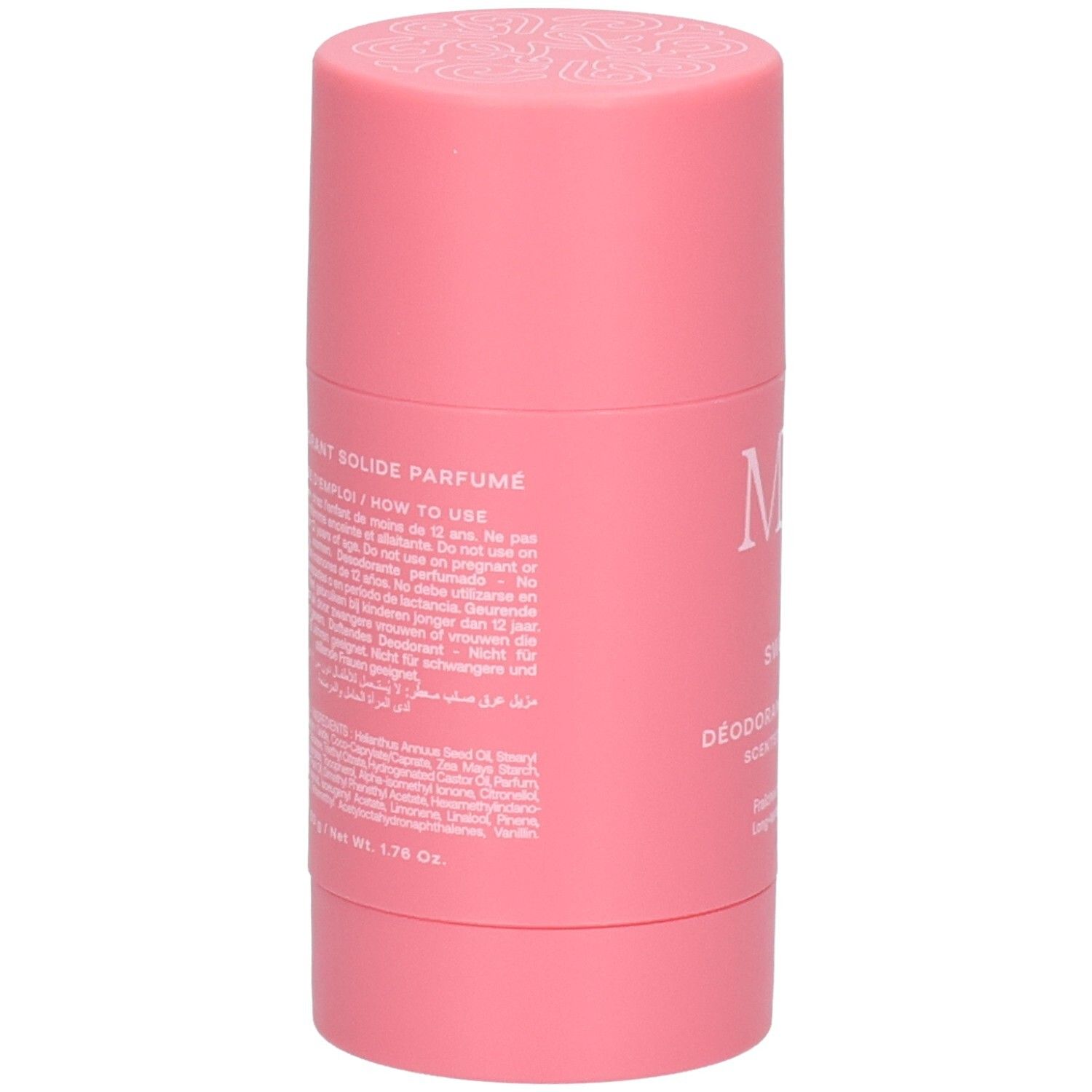 Deodorant-Stick, Rückseite. Etikett mit Text: Musc Intime, Adresse, Barcode, 50g, und Piktogramme.