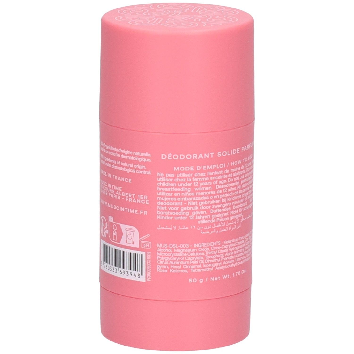 Deodorant-Stick, Rückseite. Etikett mit Text in mehreren Sprachen, Inhaltsstoffe und Warnhinweise.