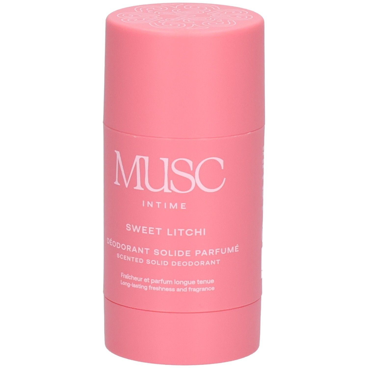 Deodorant-Stick in Rosa. Etikett mit Text: Musc Intime, Déodorant naturel, 95% Inhaltsstoffe natürlichen Ursprungs.