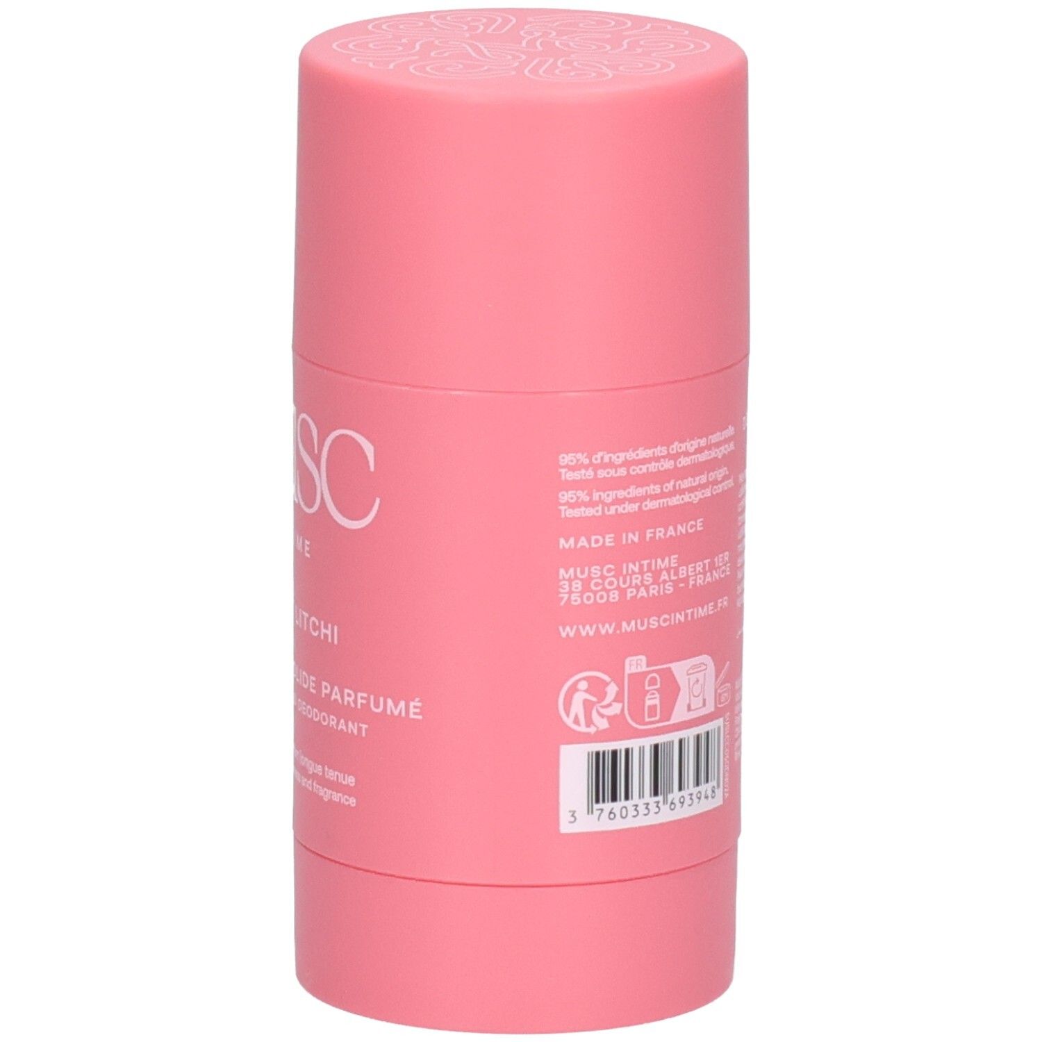 Deodorant-Stick, Rückseite. Etikett mit Text in mehreren Sprachen, Inhaltsstoffe und Warnhinweise.