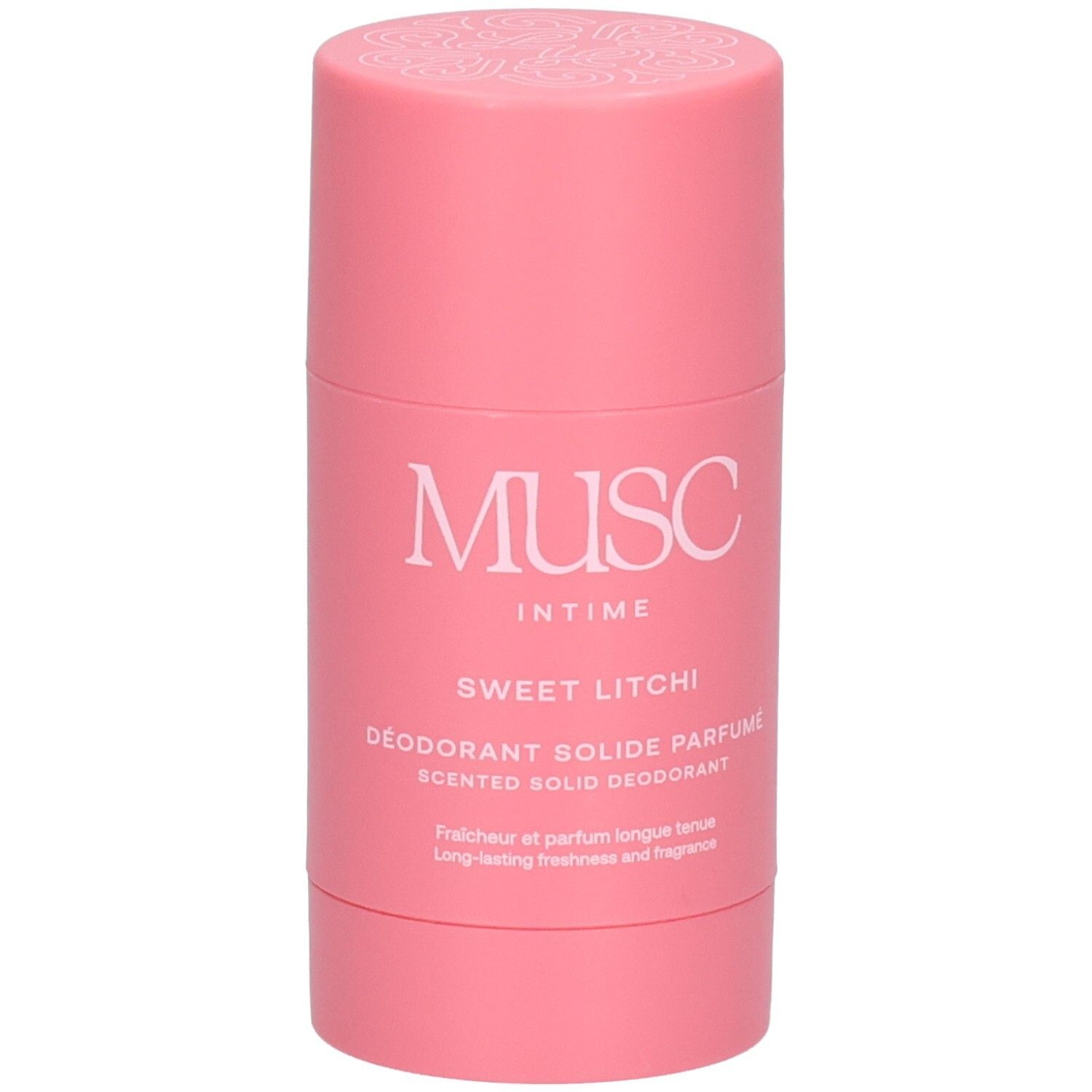 Deodorant-Stick in Rosa. Etikett mit Text: Musc Intime, Deodorant naturel, 95% Inhaltsstoffe natürlichen Ursprungs.