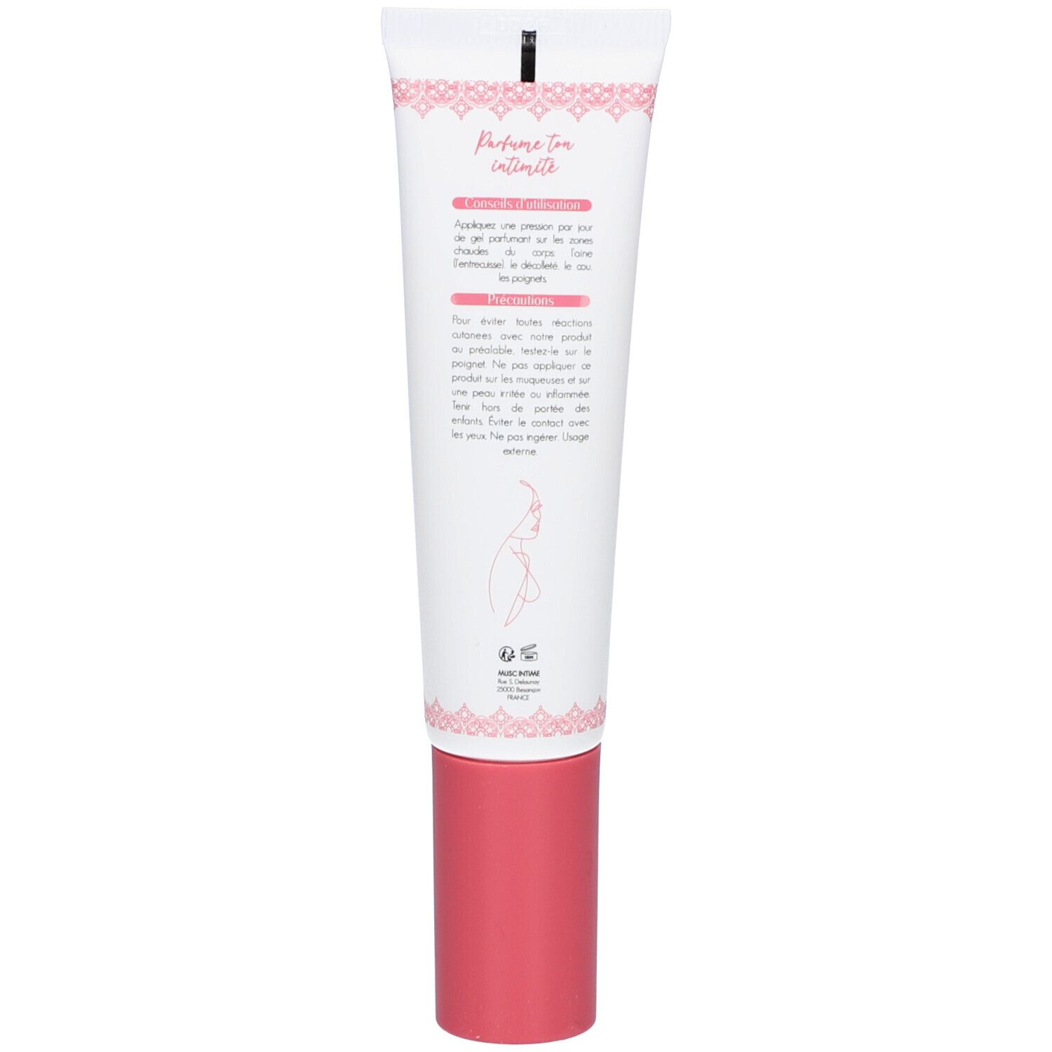 Rückseite der Tube. Text in Französisch. Rosa Verschlusskappe. Logo mit Frauenskizze. Hergestellt in Frankreich.