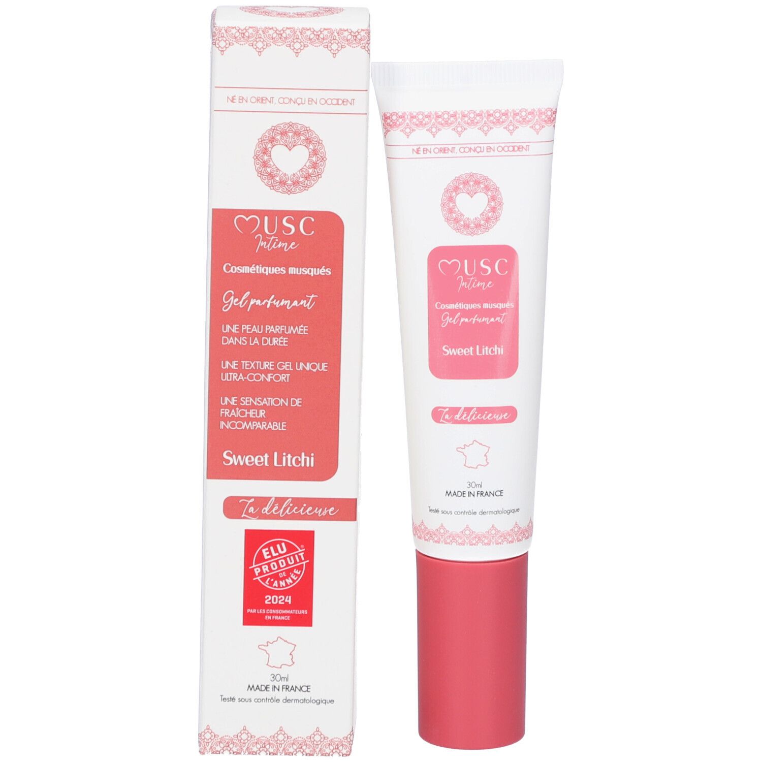 Produktverpackung und Tube. Verpackung: weiß, rosa Schrift. Tube: weiß, rosa Schrift, rosa Verschluss. ELU-Siegel.