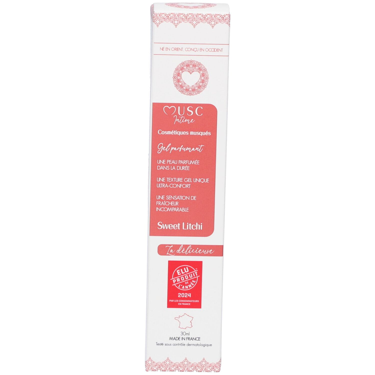 Produktverpackung. Weiß mit rosa Schrift. Aufschrift: Musc Intime, Gel parfumant, Sweet Litchi. ELU-Siegel. Hergestellt in Frankreich.