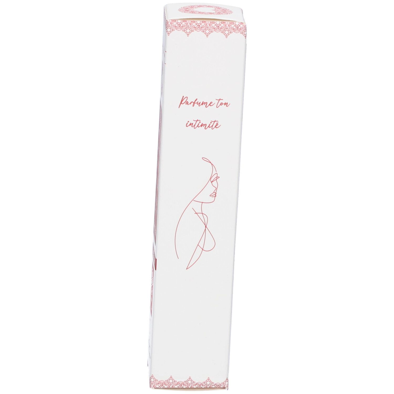 Produktverpackung. Weiß mit rosa Schrift. Aufschrift: Parfume ton intimité. Frauenskizze. Rosa Verzierungen.