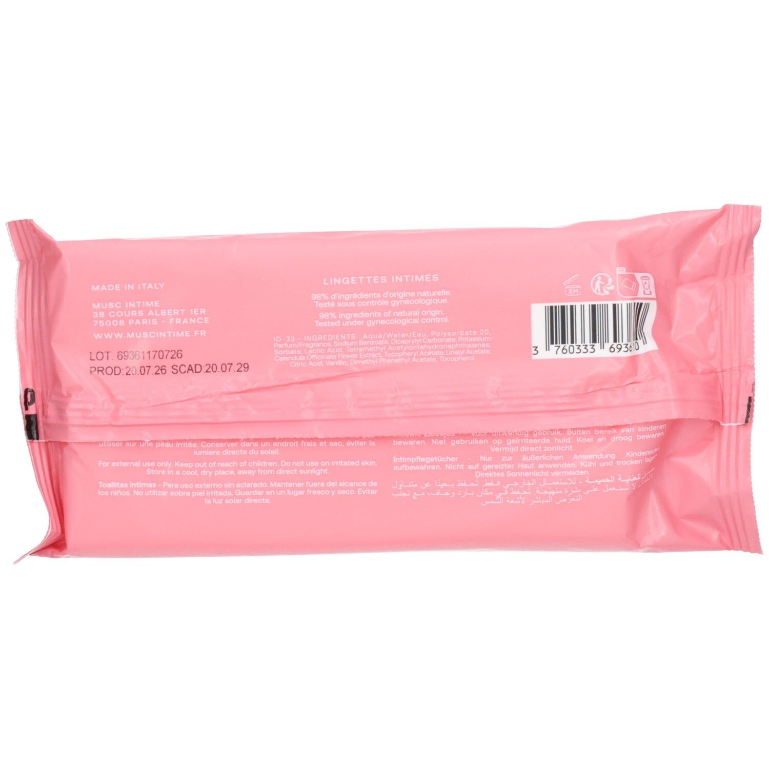 Rückseite der rosa Verpackung. Enthält Inhaltsstoffe, Recycling-Symbole und Text. Logo "Musc Intime".