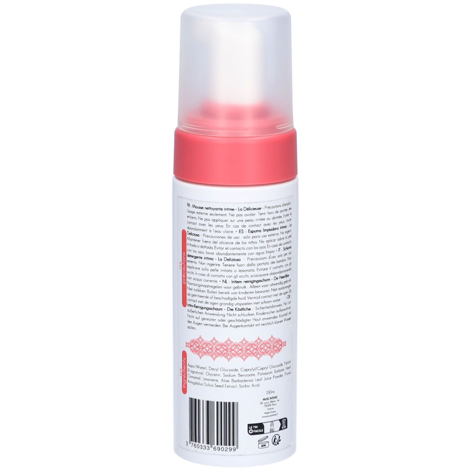 Weiße Flasche mit rosa Elementen. Text auf der Seite. Transparenter Sprühkopf.