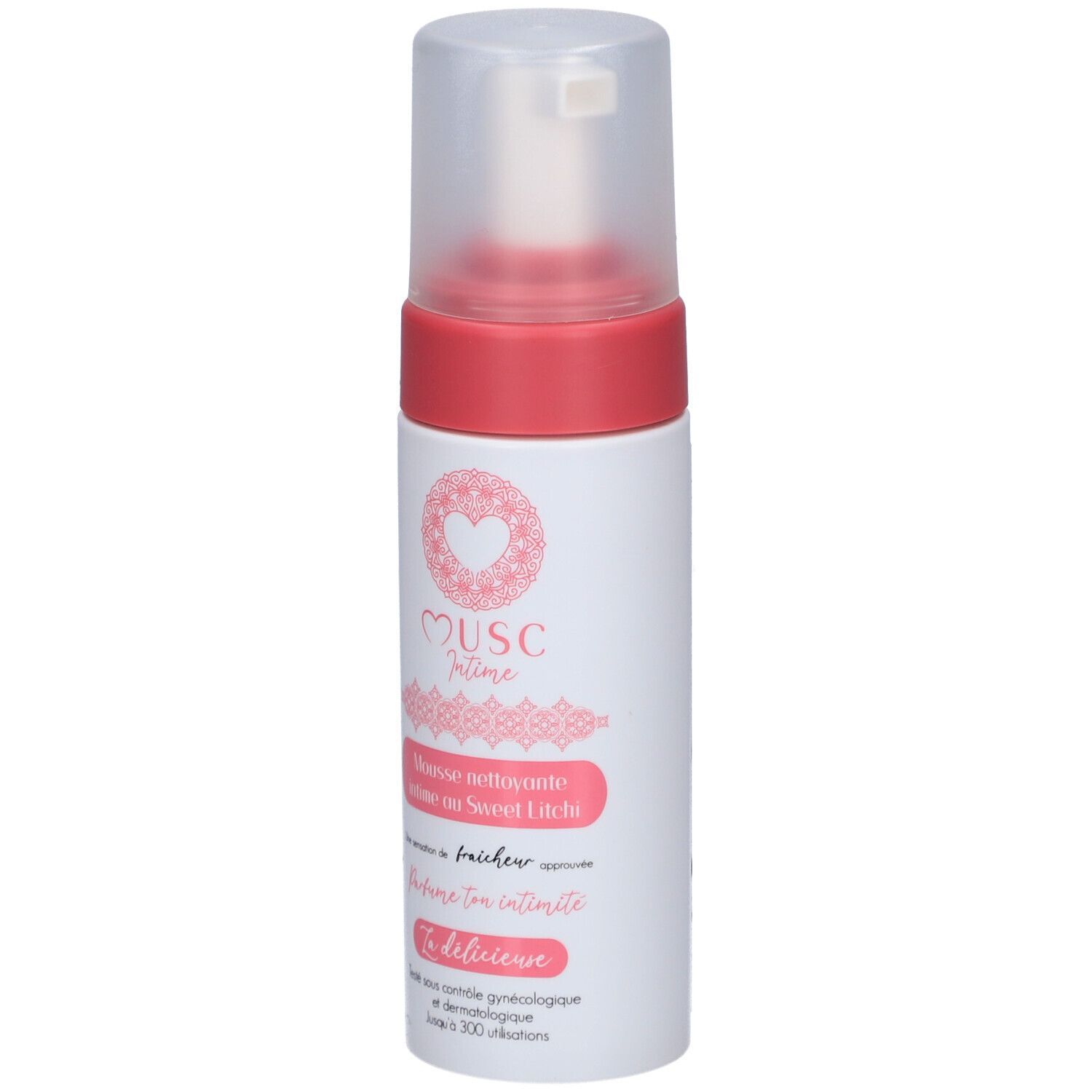 Weiß-rosa Flasche mit Sprühkopf. Aufschrift: Musc Intime, Mousse nettoyante intime au Sweet Litchi.