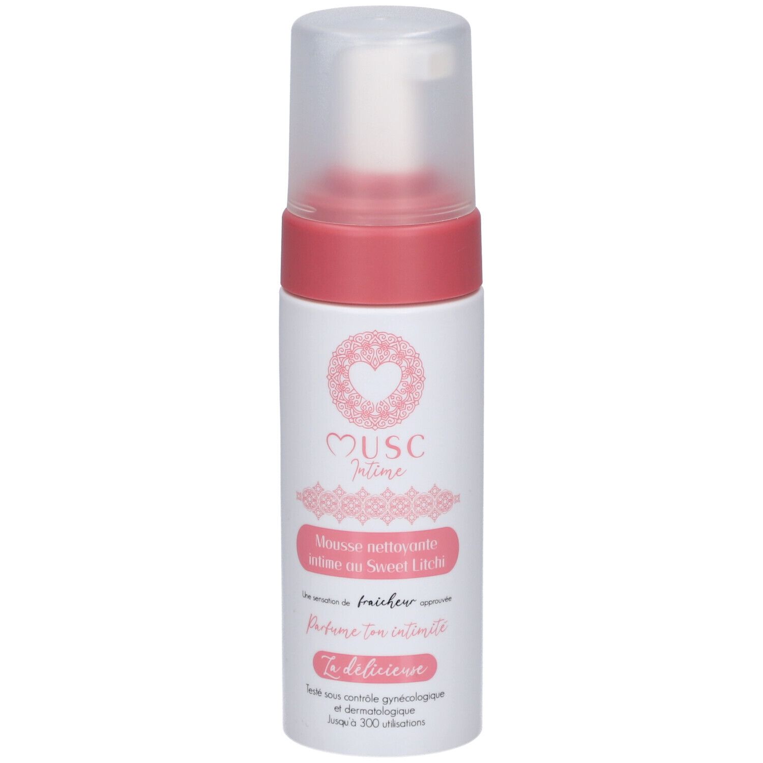 Weiß-rosa Flasche mit Sprühkopf. Aufschrift: Musc Intime, Mousse nettoyante intime au Sweet Litchi.