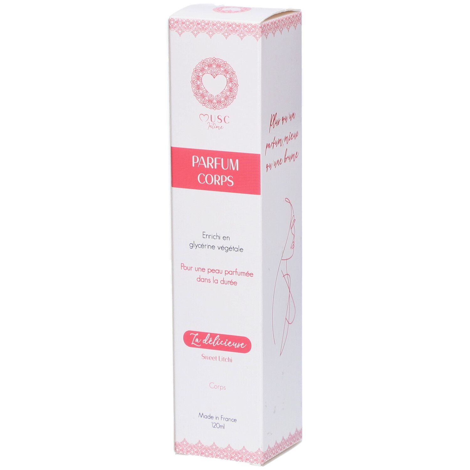 Weißer Karton mit rosa Akzenten. Aufschrift: PARFUM CORPS. Marke: MUSC Intime. Text: Sweet Litchi. Hergestellt in Frankreich.