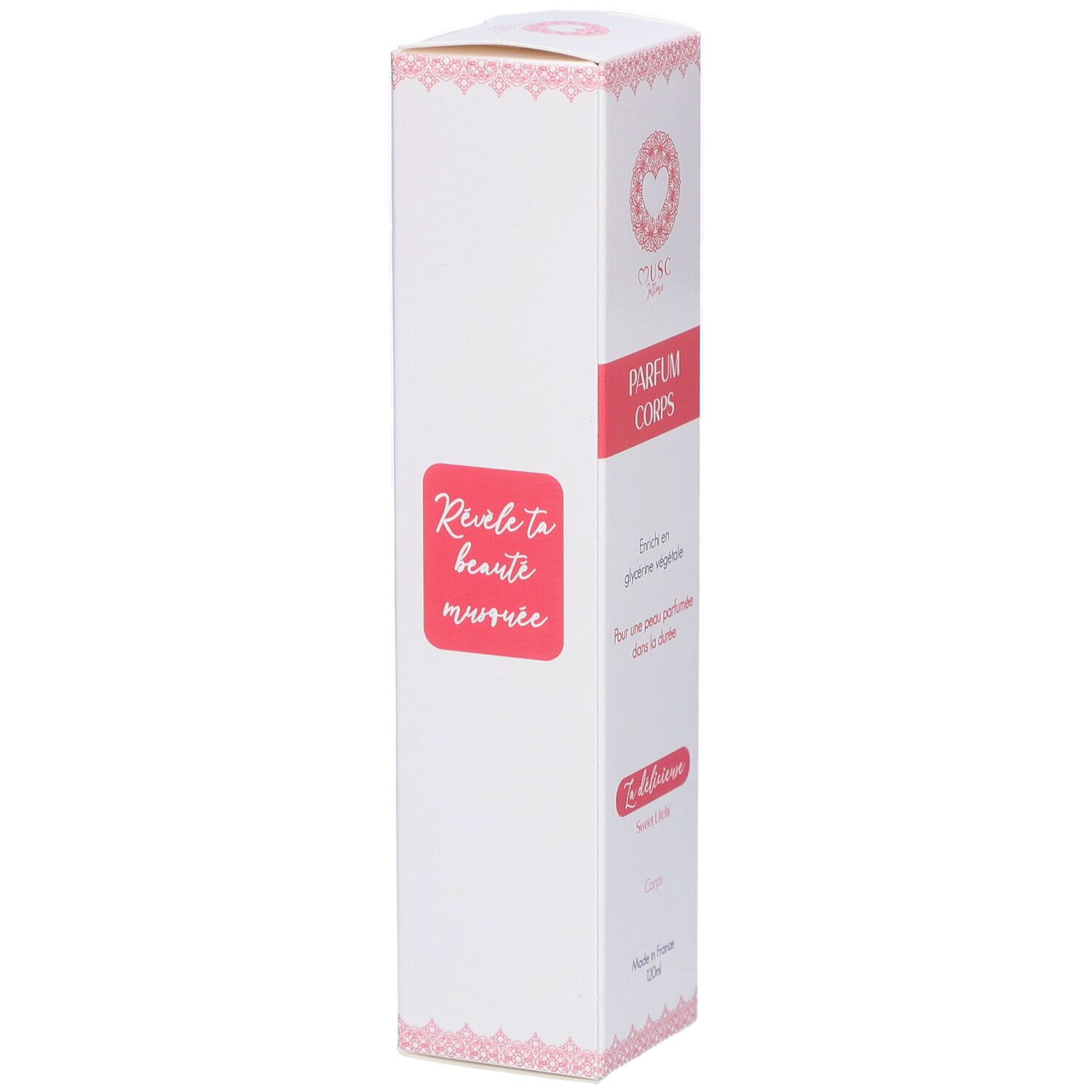 Weißer Karton mit rosa Akzenten. Aufschrift: PARFUM CORPS. Marke: MUSC Intime. Text: Sweet Litchi. Hergestellt in Frankreich.