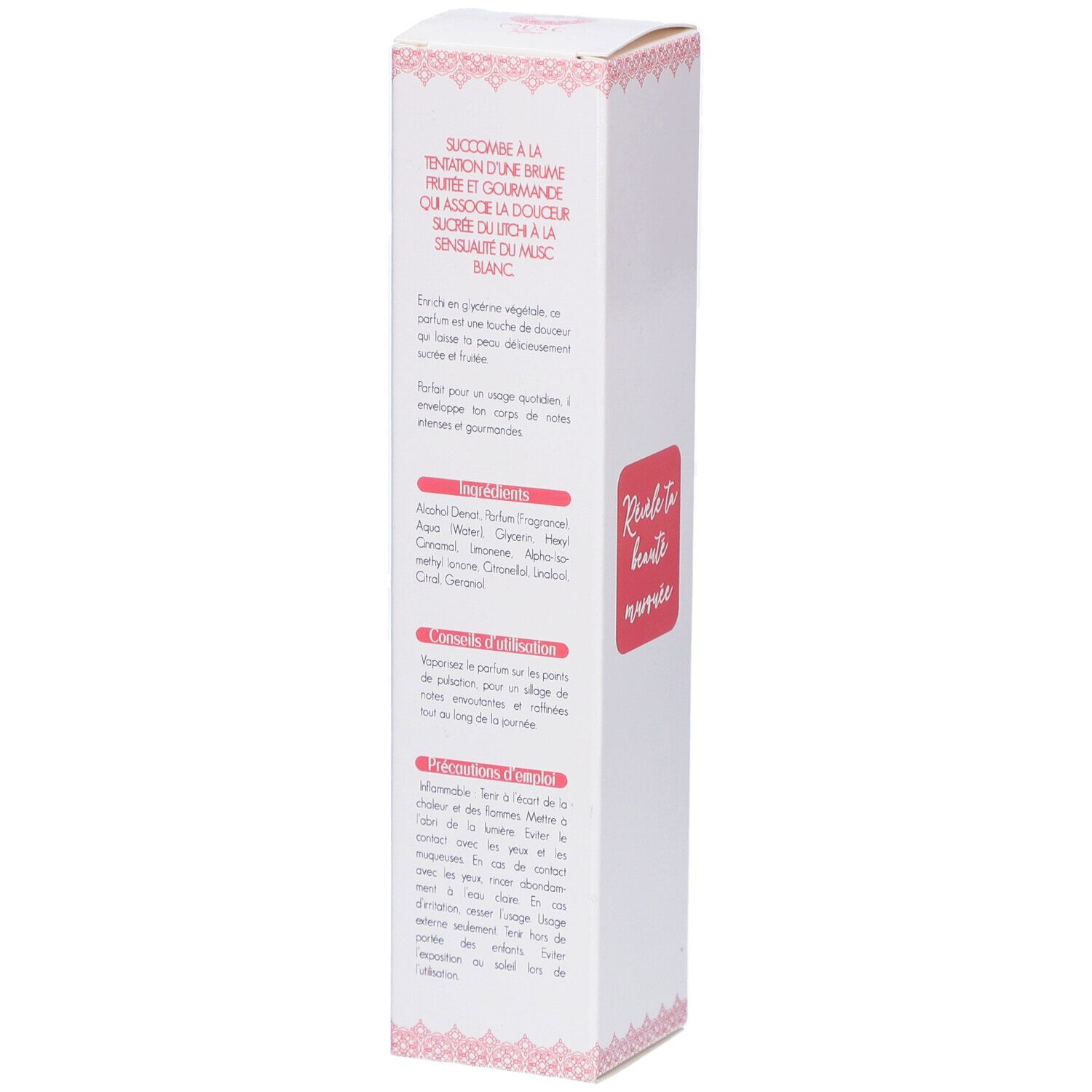Weißer Karton mit rosa Akzenten. Text: Revele ta beaute musquee. Rückseite mit Produktinformationen und Inhaltsstoffen.