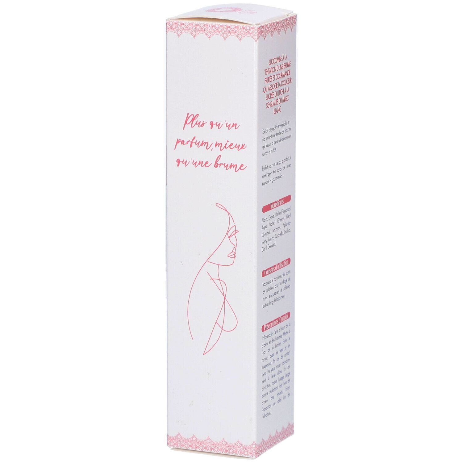 Weißer Karton mit rosa Akzenten. Text und Illustration auf der Rückseite. Produktinformationen.