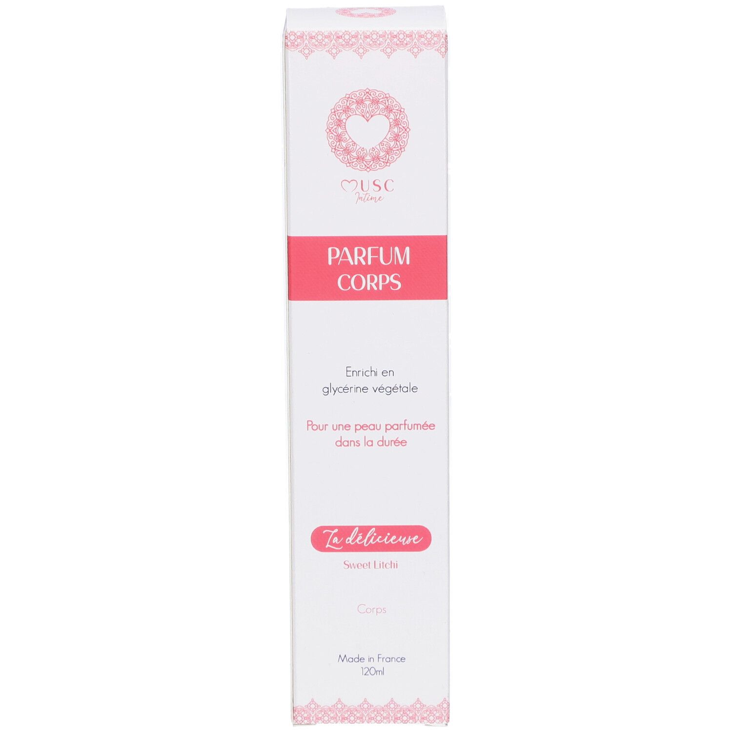 Weißer Karton mit rosa Akzenten. Aufschrift: PARFUM CORPS. Marke: MUSC Intime. Text: Sweet Litchi. Hergestellt in Frankreich.