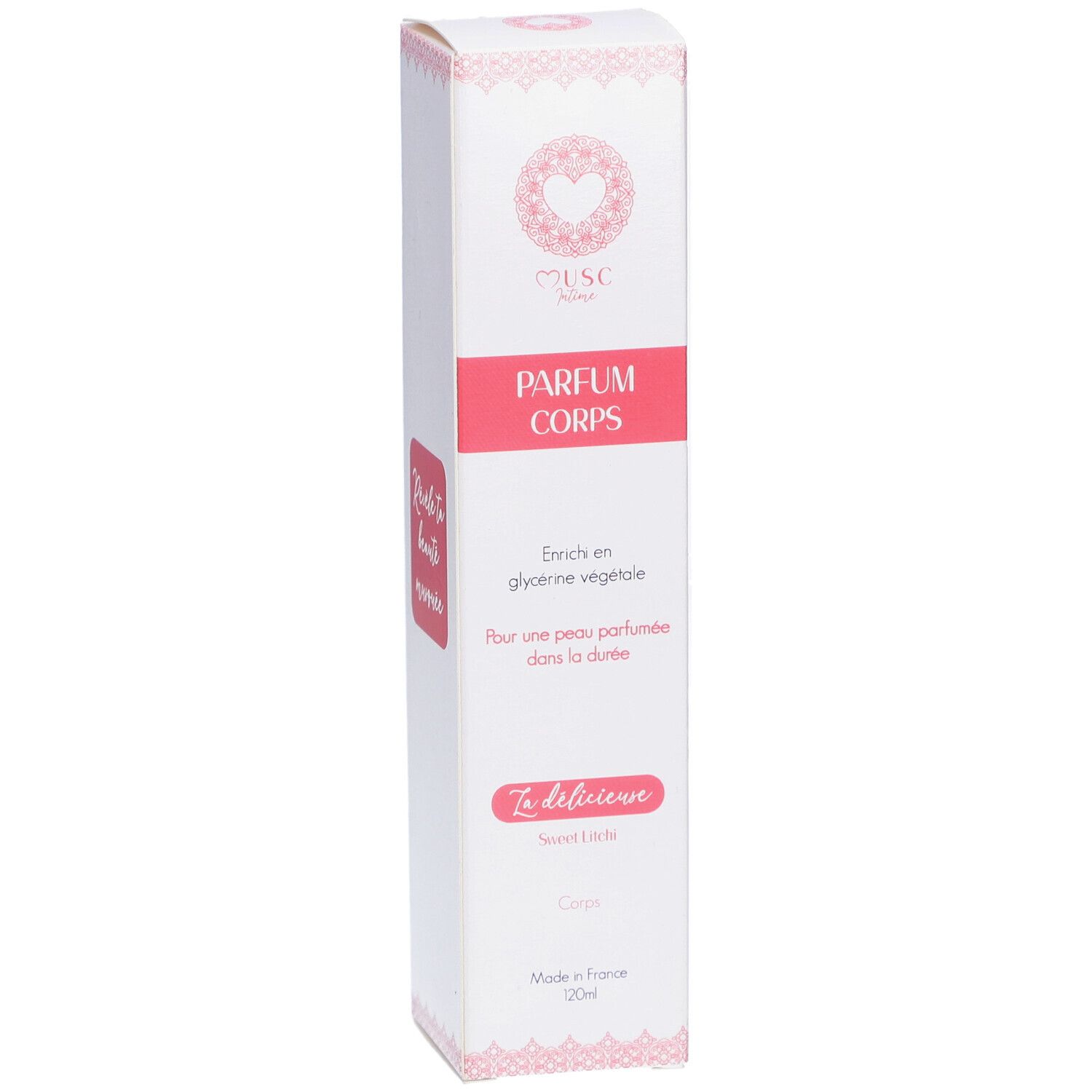 Weißer Karton mit rosa Akzenten. Aufschrift: PARFUM CORPS. Marke: MUSC Intime. Text: Sweet Litchi. Hergestellt in Frankreich.