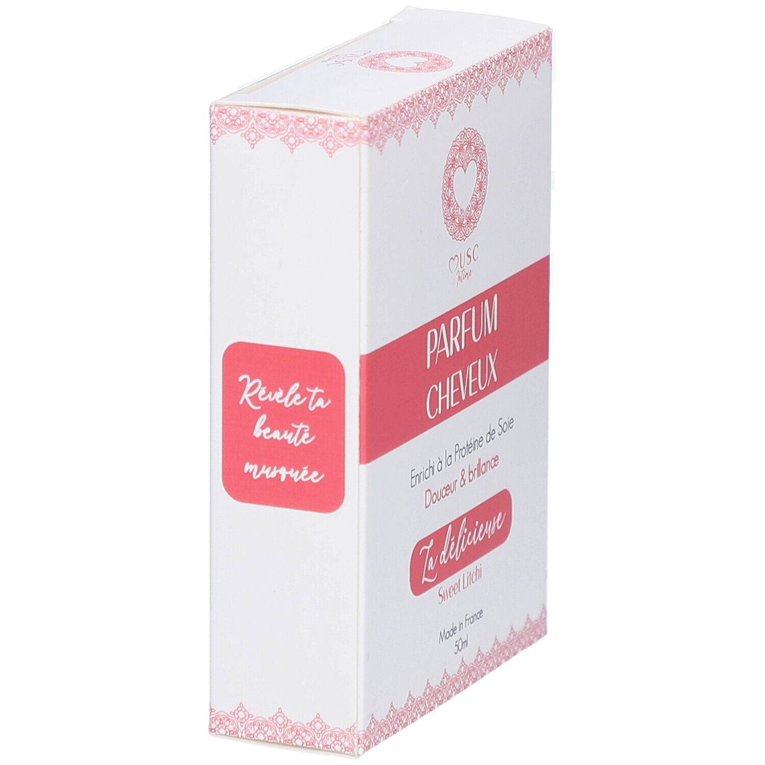 Weißer Karton mit rosa Akzenten. Text: "Musc Intime Parfum Cheveux". "La délicieuse Sweet Litchi". Hergestellt in Frankreich.