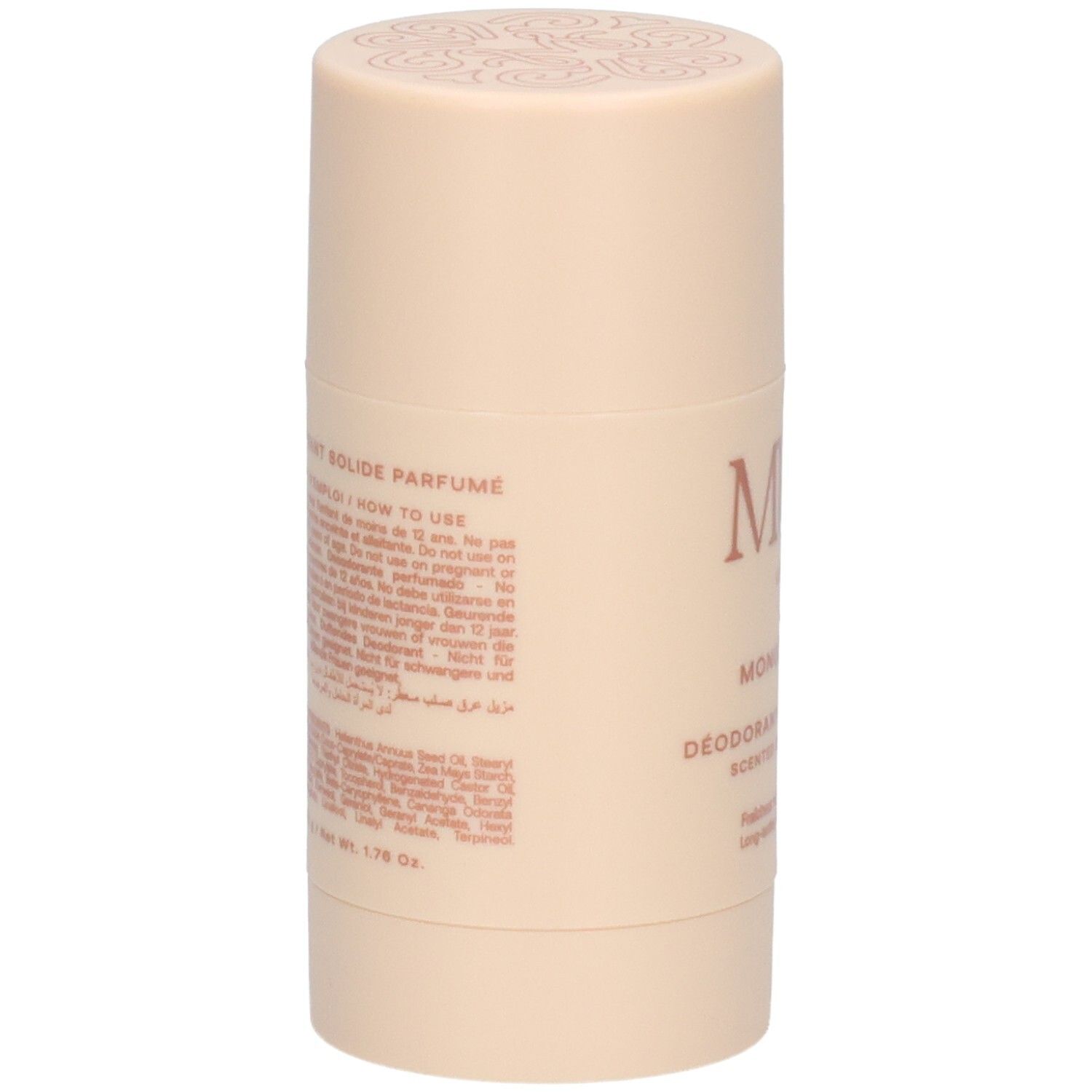 Rückseite des Deodorant-Sticks. Barcode, Adresse und Gewicht (50g) sind sichtbar. "Musc Intime" ist auf dem Etikett.