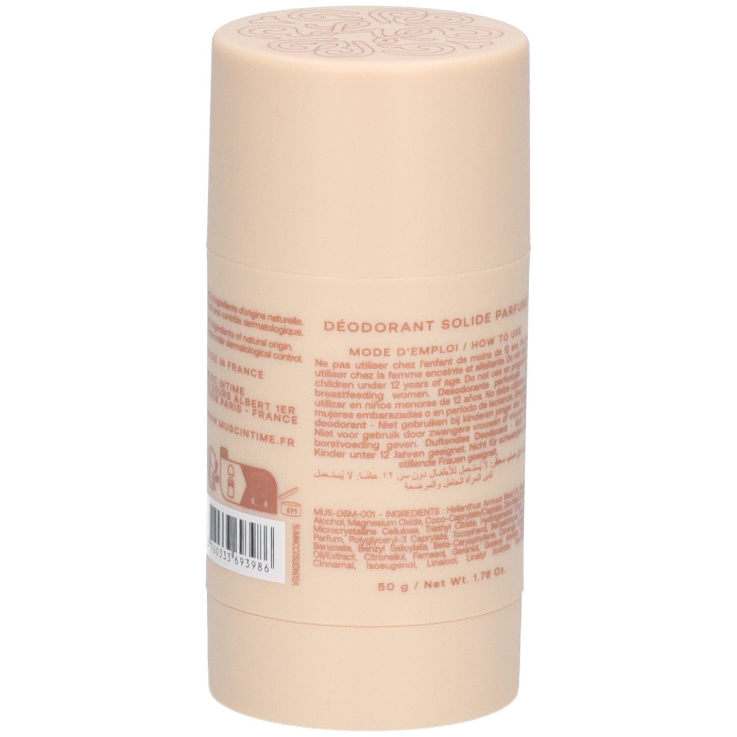 Rückseite des Deodorant-Sticks. Text in mehreren Sprachen, Inhaltsstoffe und Vorsichtsmaßnahmen sind sichtbar.
