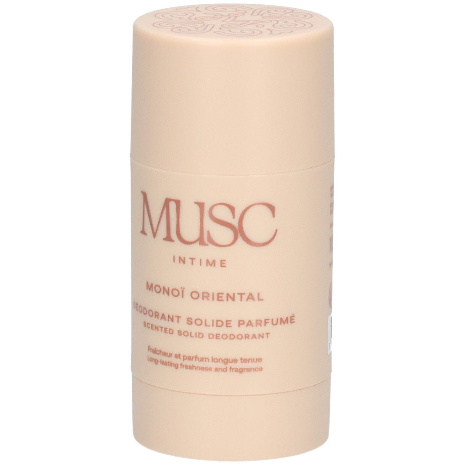 Deodorant-Stick mit goldfarbenem Deckel. Weißes Etikett mit Produktnamen und Text. "Musc Intime" ist sichtbar.