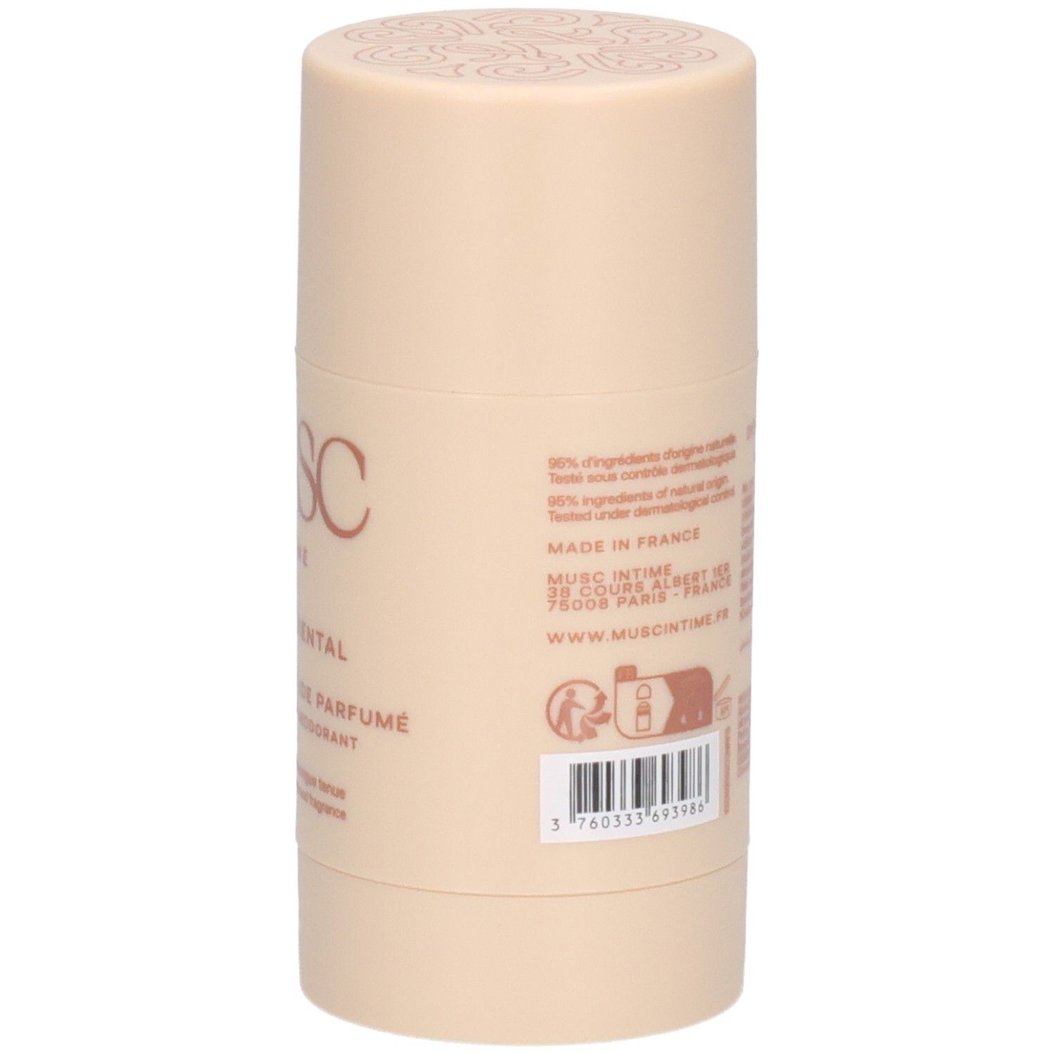 Rückseite des Deodorant-Sticks. Text, Inhaltsstoffe und Herkunftszeichen sind sichtbar. "Musc Intime" ist auf dem Etikett.