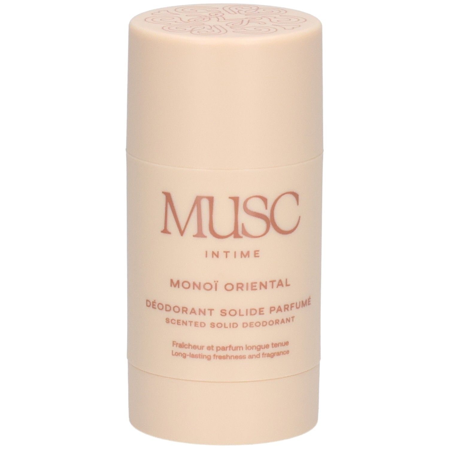 Zylindrischer Deodorant-Stick mit goldfarbenem Deckel. Weißes Etikett mit Produktnamen und Text. "Musc Intime" ist sichtbar.