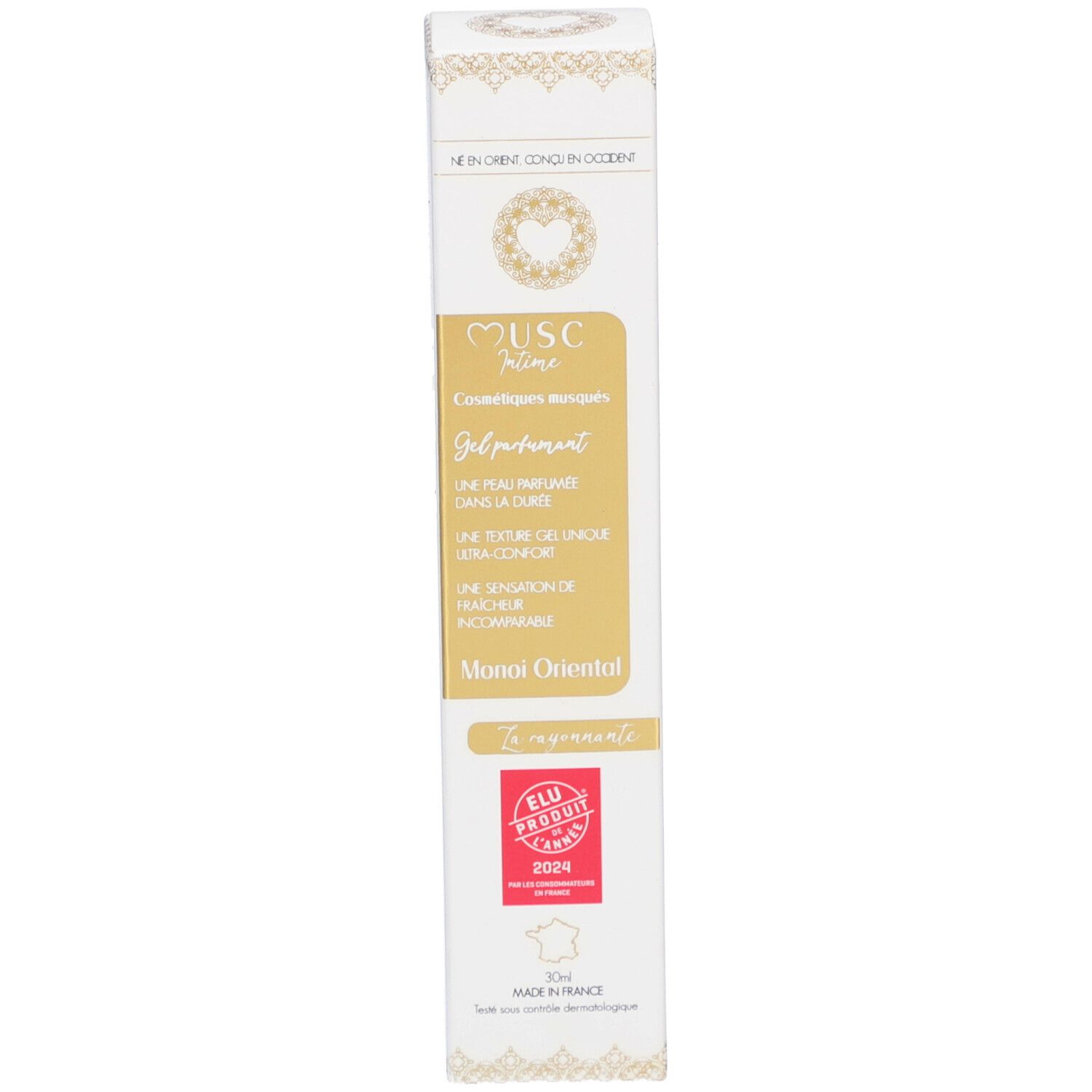 Produktverpackung. Aufschrift: Musc Intime, Gel parfumé, Monoï Oriental. Mit Auszeichnung.