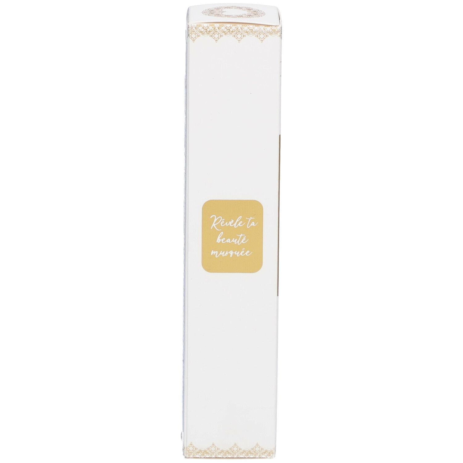 Schmale Produktverpackung. Goldener Aufkleber mit Text: Révèle ta beauté muée.