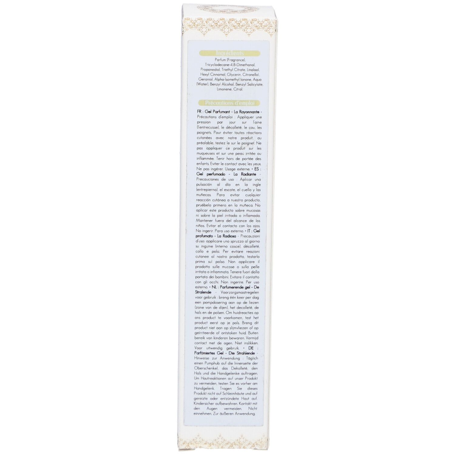 Rückseite der Produktverpackung. Text in mehreren Sprachen. Informationen zum Produkt.