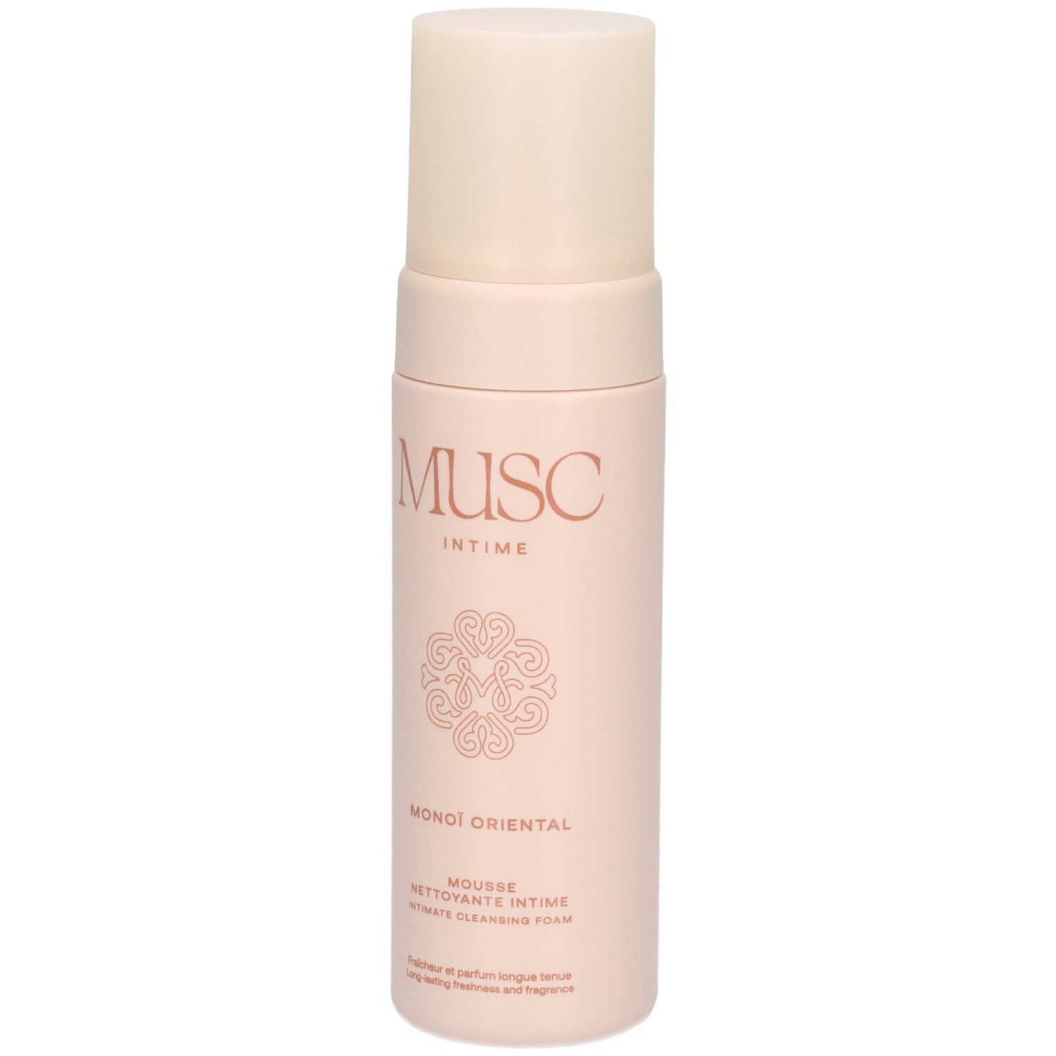 Weisse Flasche mit goldfarbenem Ring und Deckel. Aufschrift: Musc Intime, Mousse Nettoyante Intime Monoi Oriental.