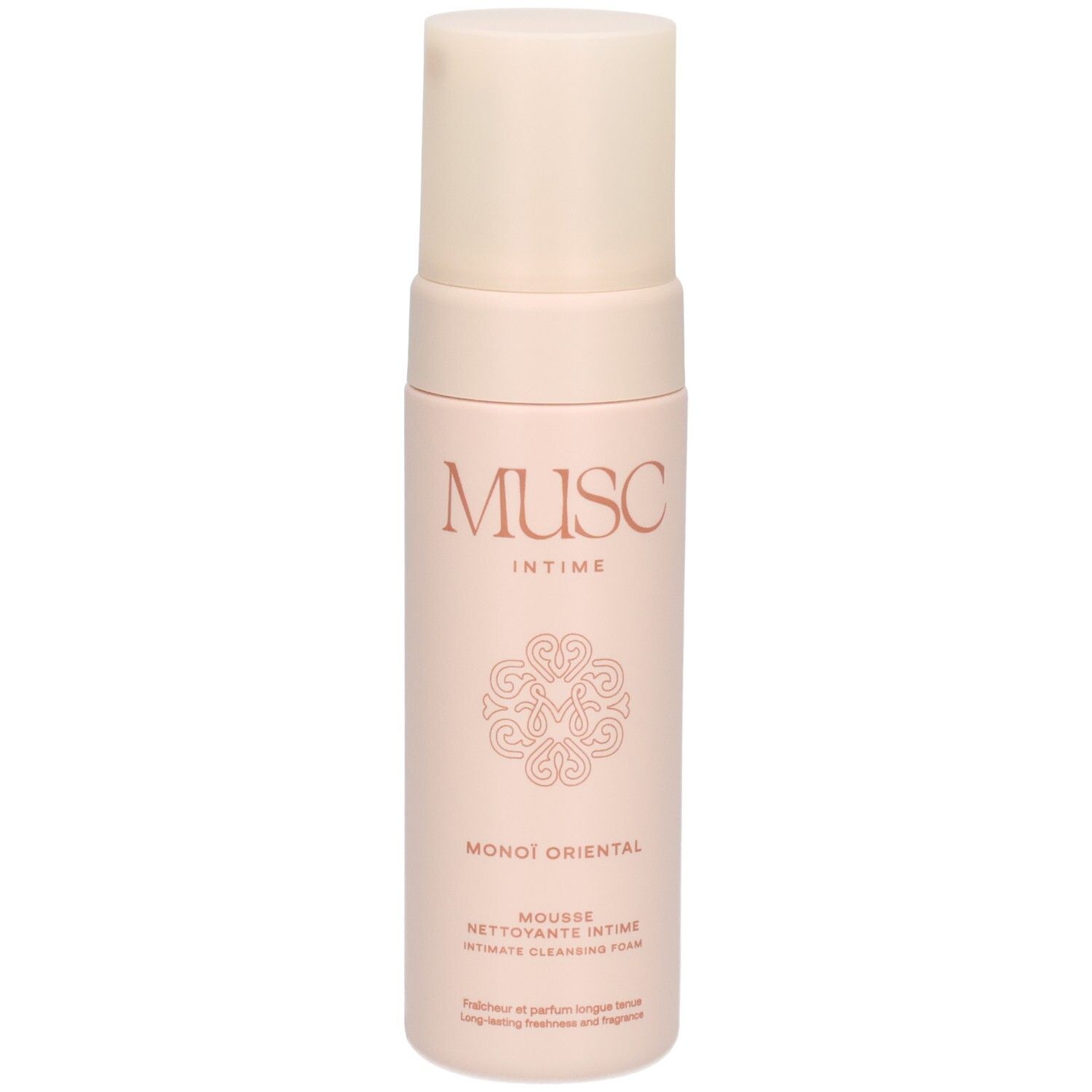 Weisse Flasche mit goldfarbenem Ring und Deckel. Aufschrift: Musc Intime, Mousse Nettoyante Intime Monoi Oriental.