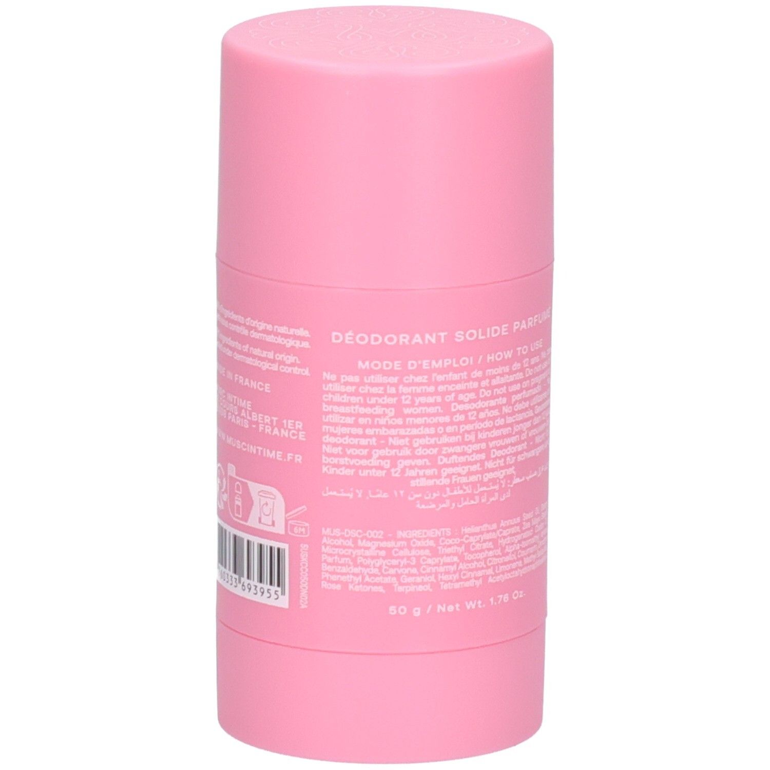 Rosa Deodorant-Stick. Rückseite mit Text in mehreren Sprachen, Inhaltsstoffe.
