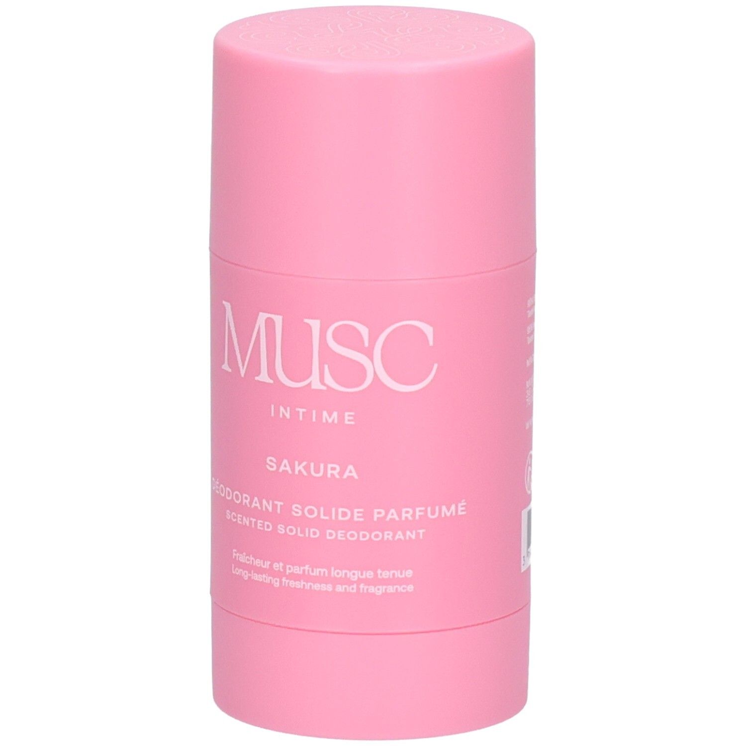 Rosa Deodorant-Stick. Weißes Etikett mit Text: "Musc Intime", "Fleur de Sakura".