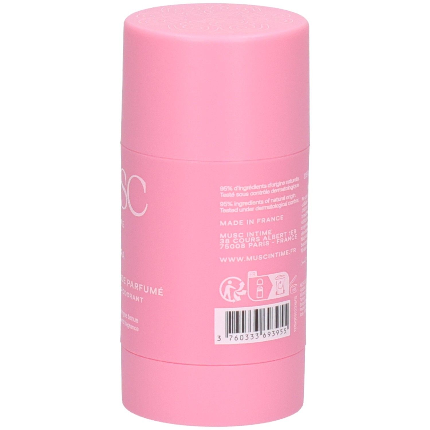 Rosa Deodorant-Stick. Rückseite mit Text in mehreren Sprachen, Inhaltsstoffe.