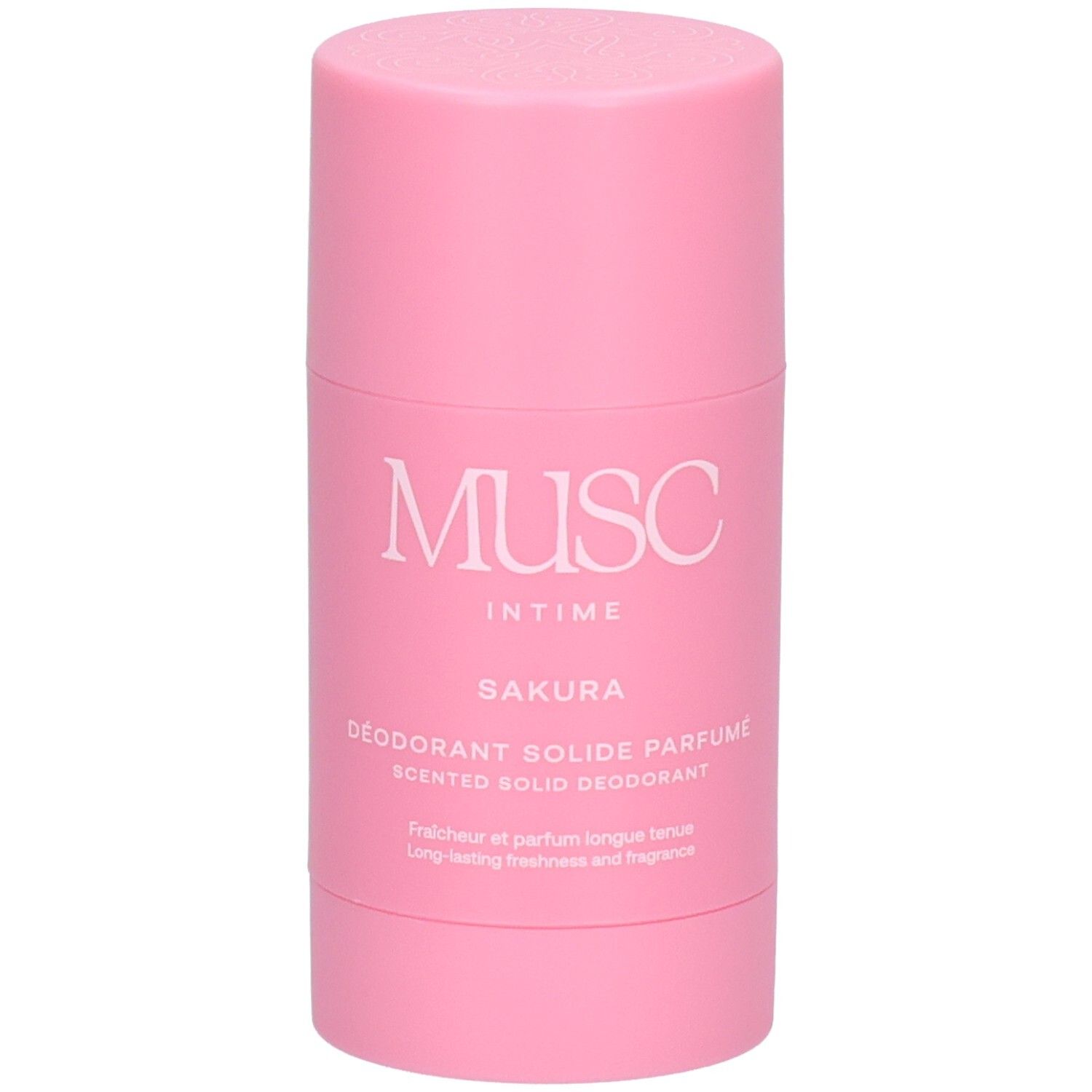 Rosa Deodorant-Stick. Weißes Etikett mit Text: "Musc Intime", "Fleur de Sakura".
