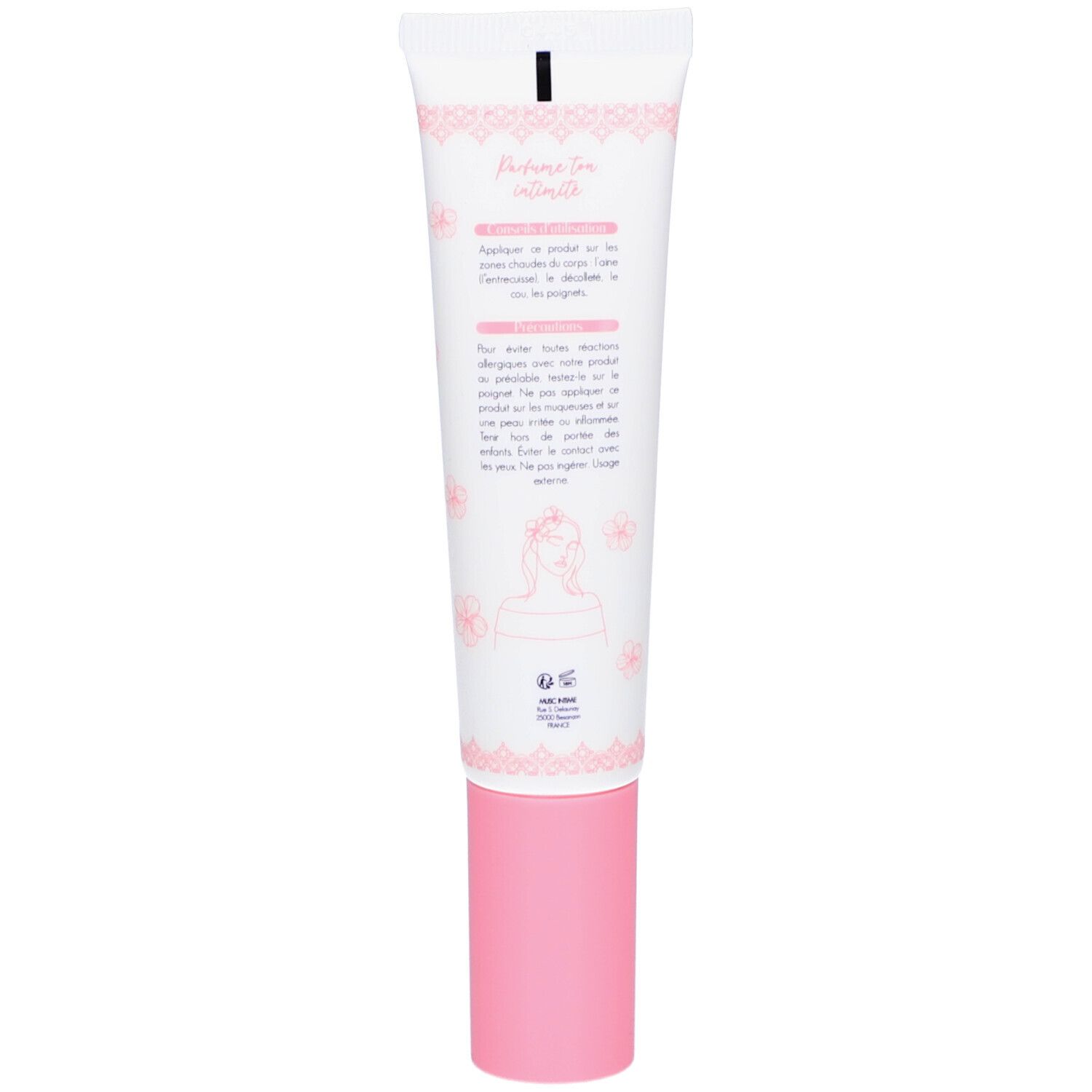 Rückseite der Tube. Text in französischer Sprache. Rosa florale Verzierungen.