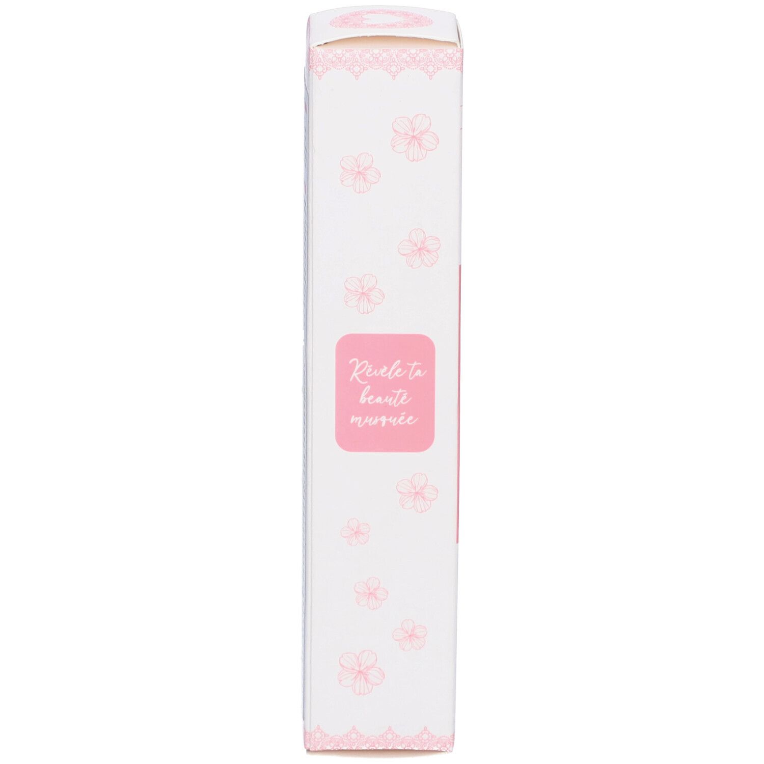 Schachtel. Aufschrift: Révèle ta beauté intime. Rosa florale Verzierungen.