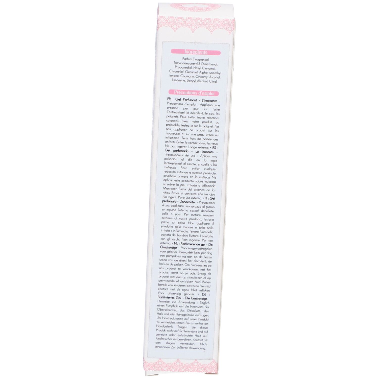 Schachtel. Text in mehreren Sprachen. Inhaltsstoffe. Rosa florale Verzierungen.