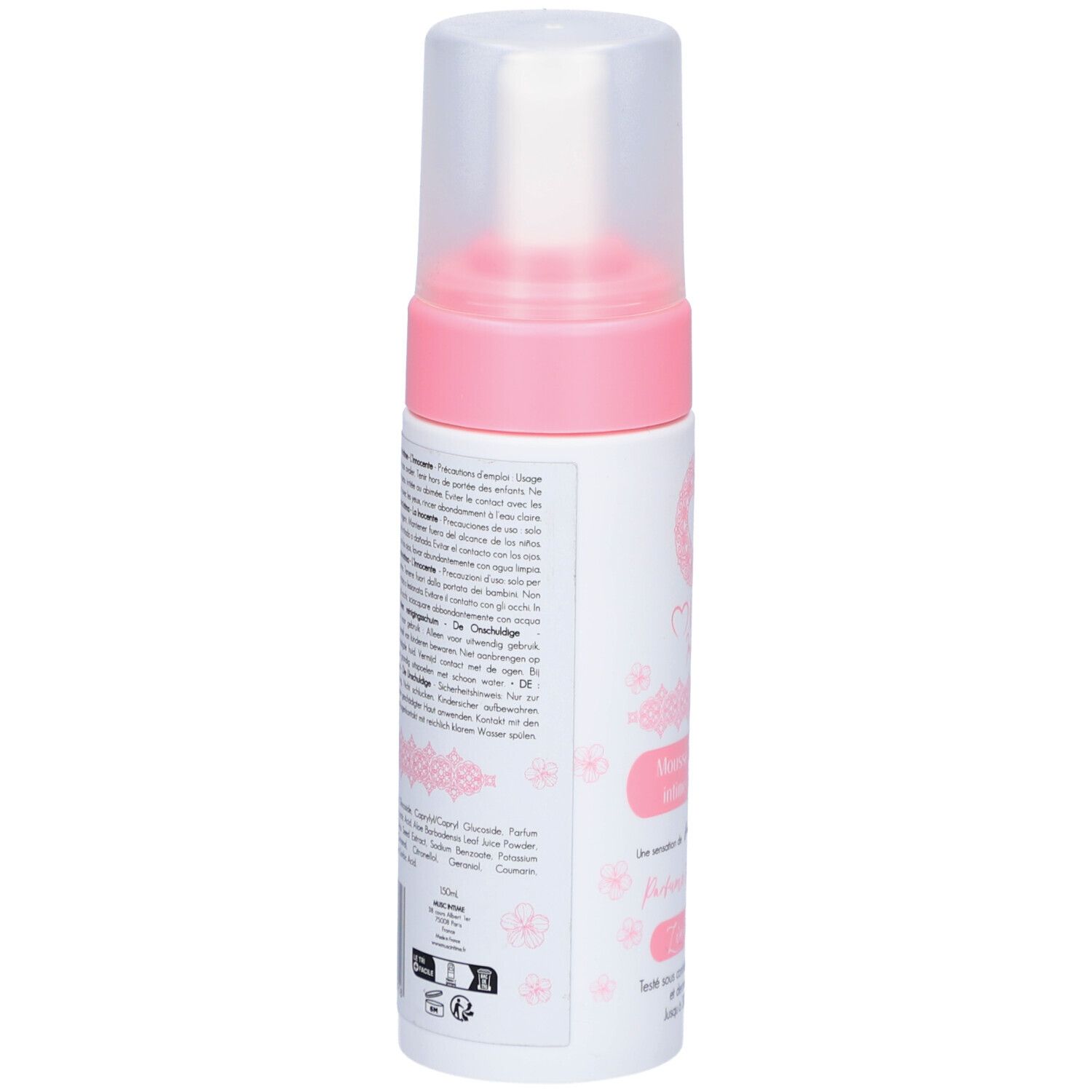 Rückseite der Flasche. Text in mehreren Sprachen. Inhaltsstoffe, Gebrauchsanweisung. Rosa Blütenmuster.