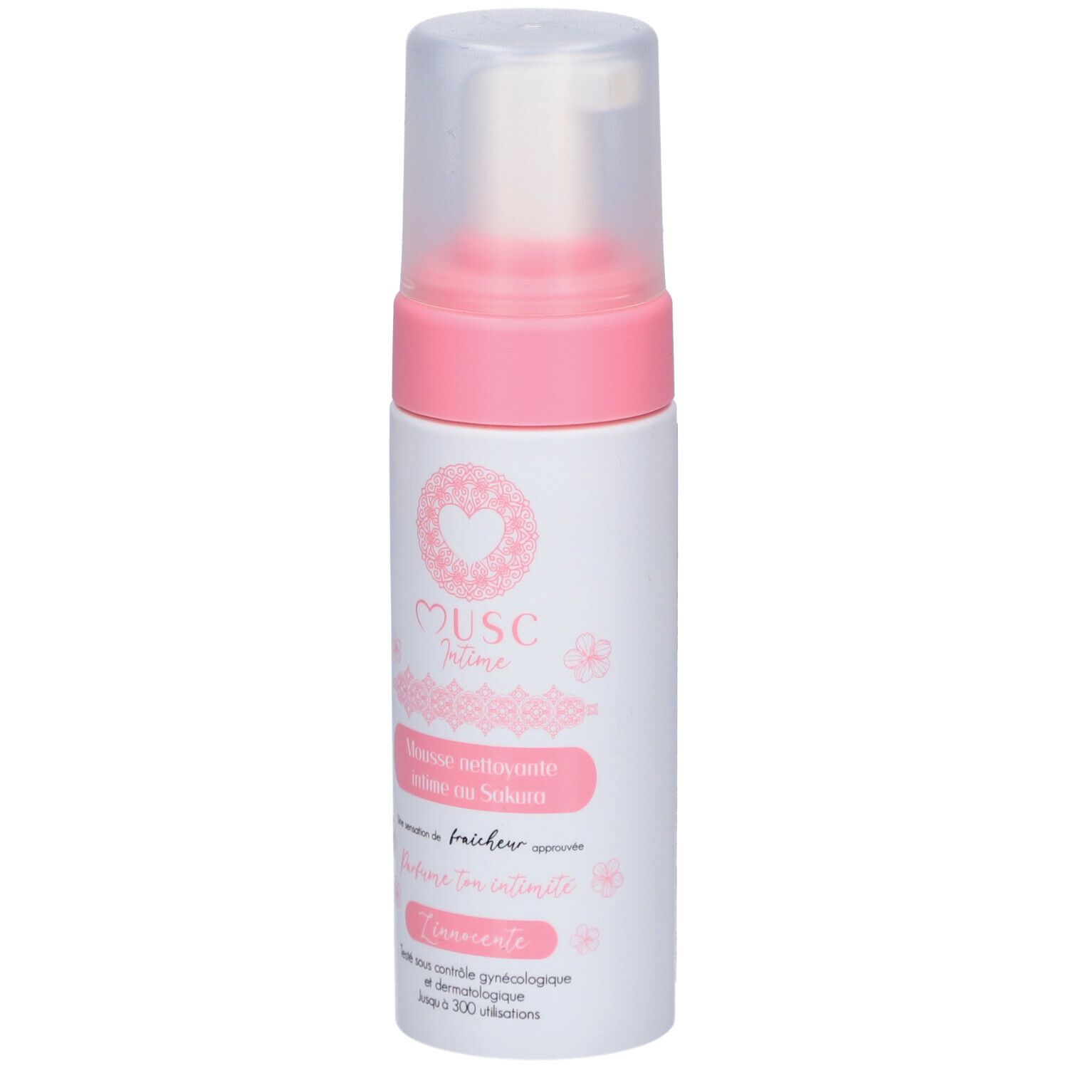 Weiß-rosa Flasche mit Sprühkopf. Text: Musc Intime, Mousse nettoyante intime au Sakura. Dermatologisch getestet.
