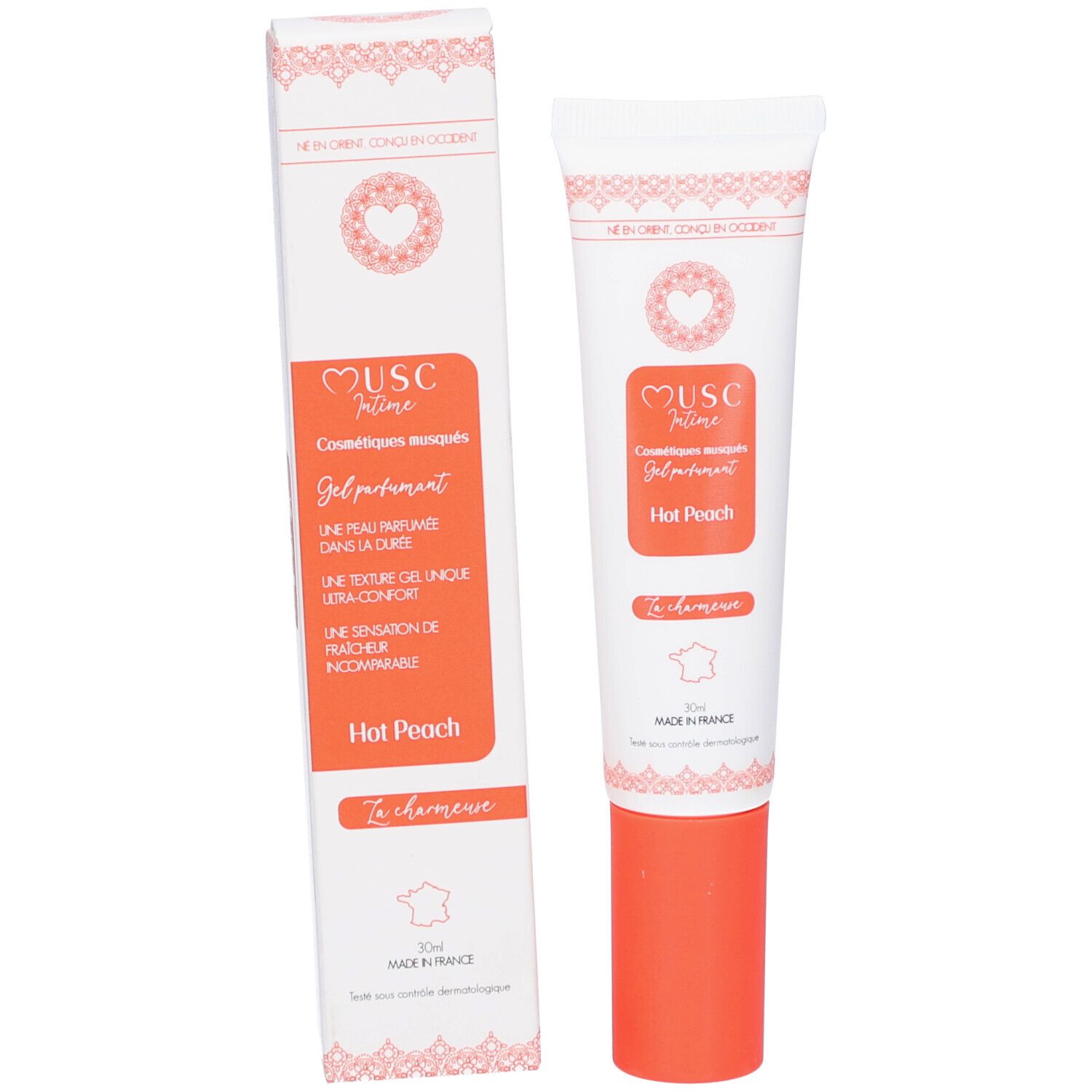Produktverpackung und Tube. Verpackung: weiß mit Text und Logo. Tube: weiß-orange, Text: MUSC Intime, Hot Peach.