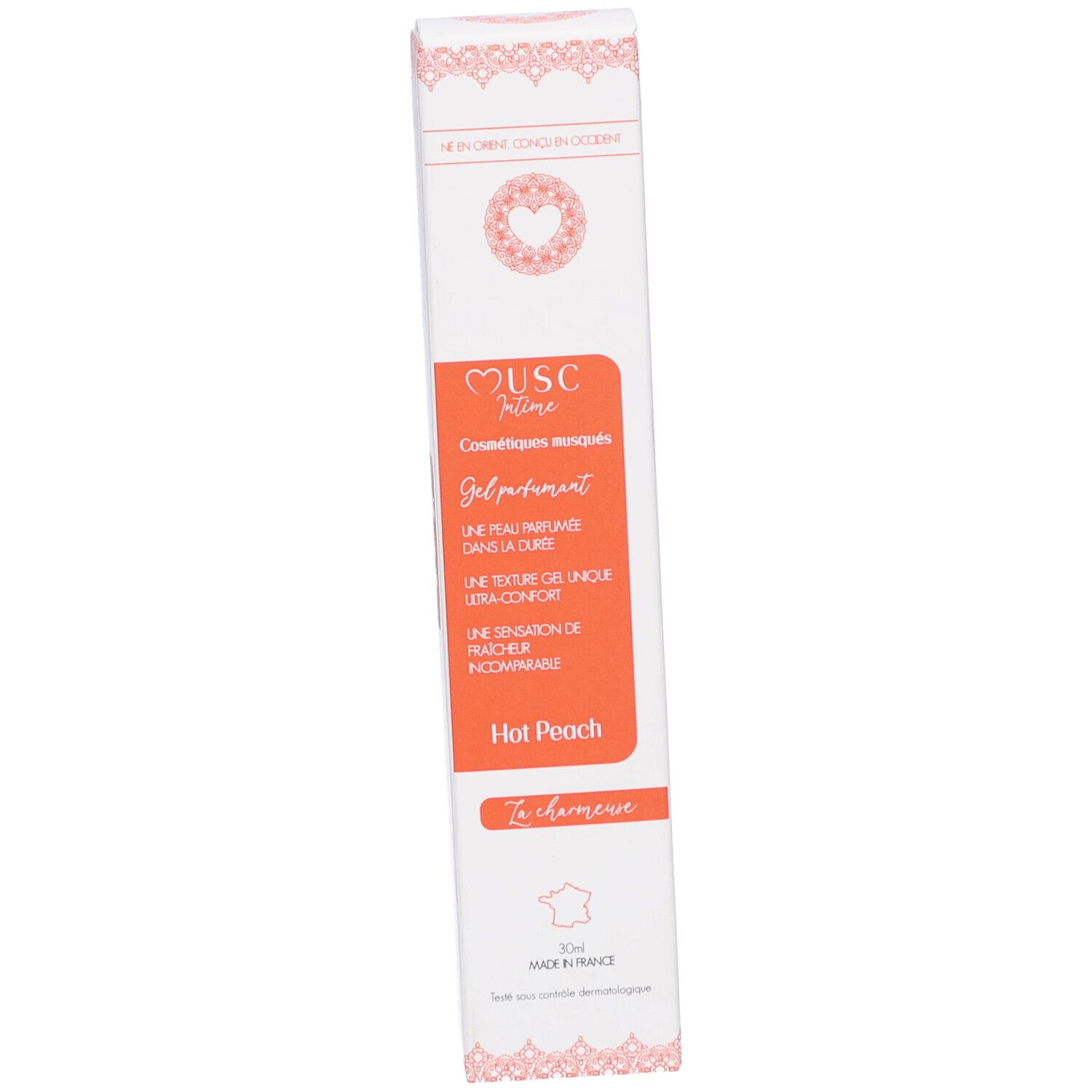 Produktverpackung. Weiß mit Text und Logo. Text: MUSC Intime, Gel parfumant, Hot Peach. Mit rosa Spitze.