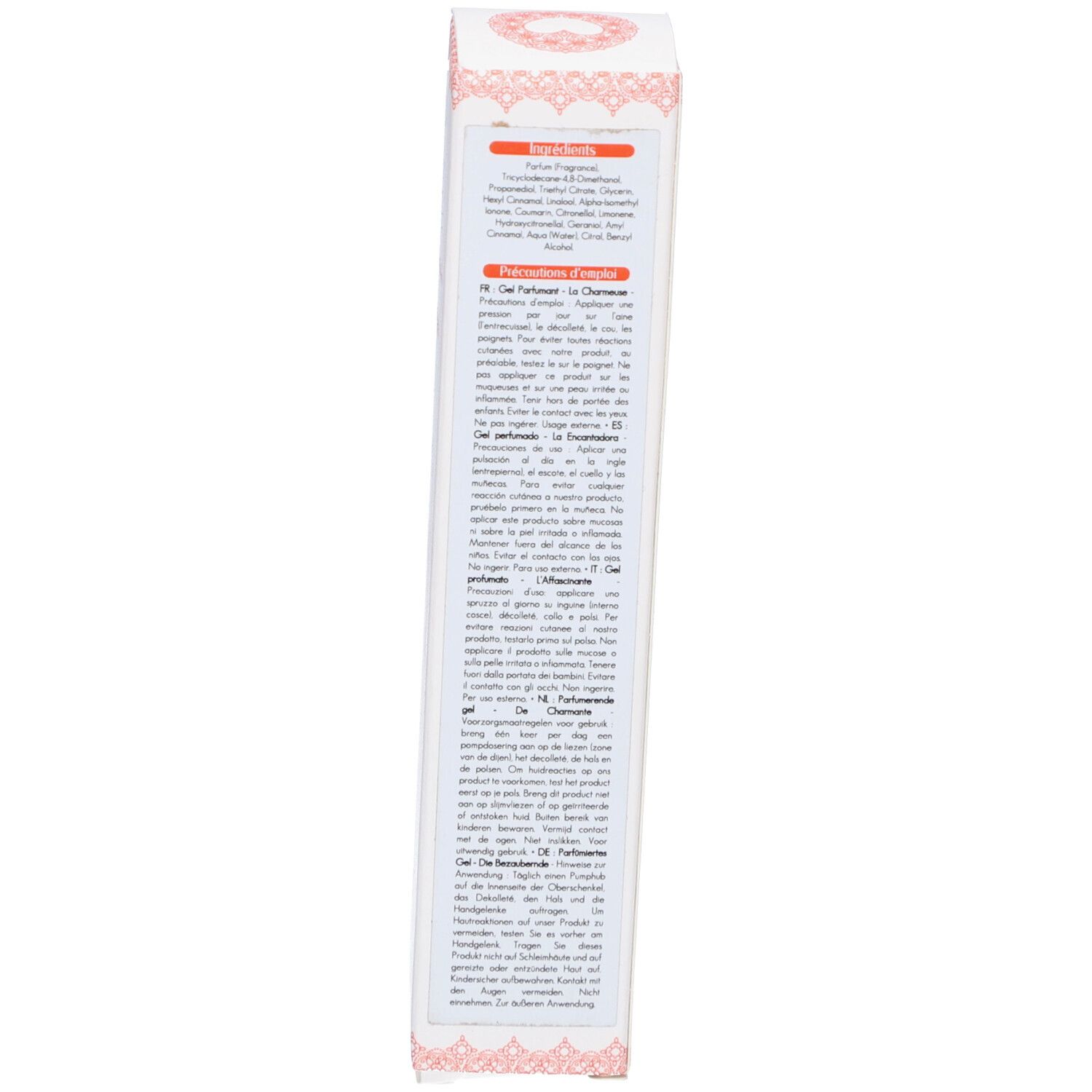 Produktverpackung. Weiß mit Text. Text in mehreren Sprachen. Inhaltsstoffe und Anwendungshinweise.
