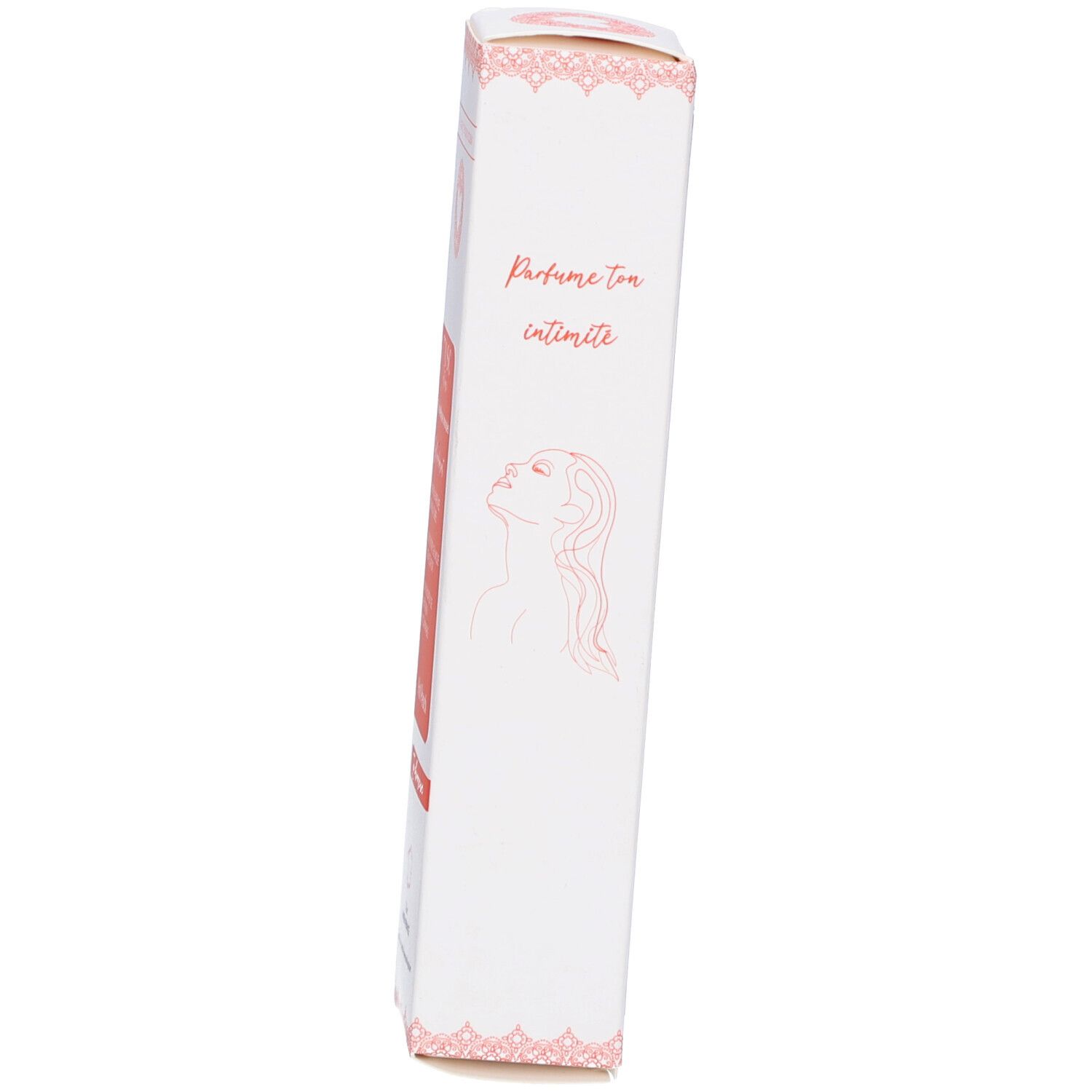 Produktverpackung. Weiß mit rosa Spitze. Text: Parfume ton intimité. Illustration einer Frau.