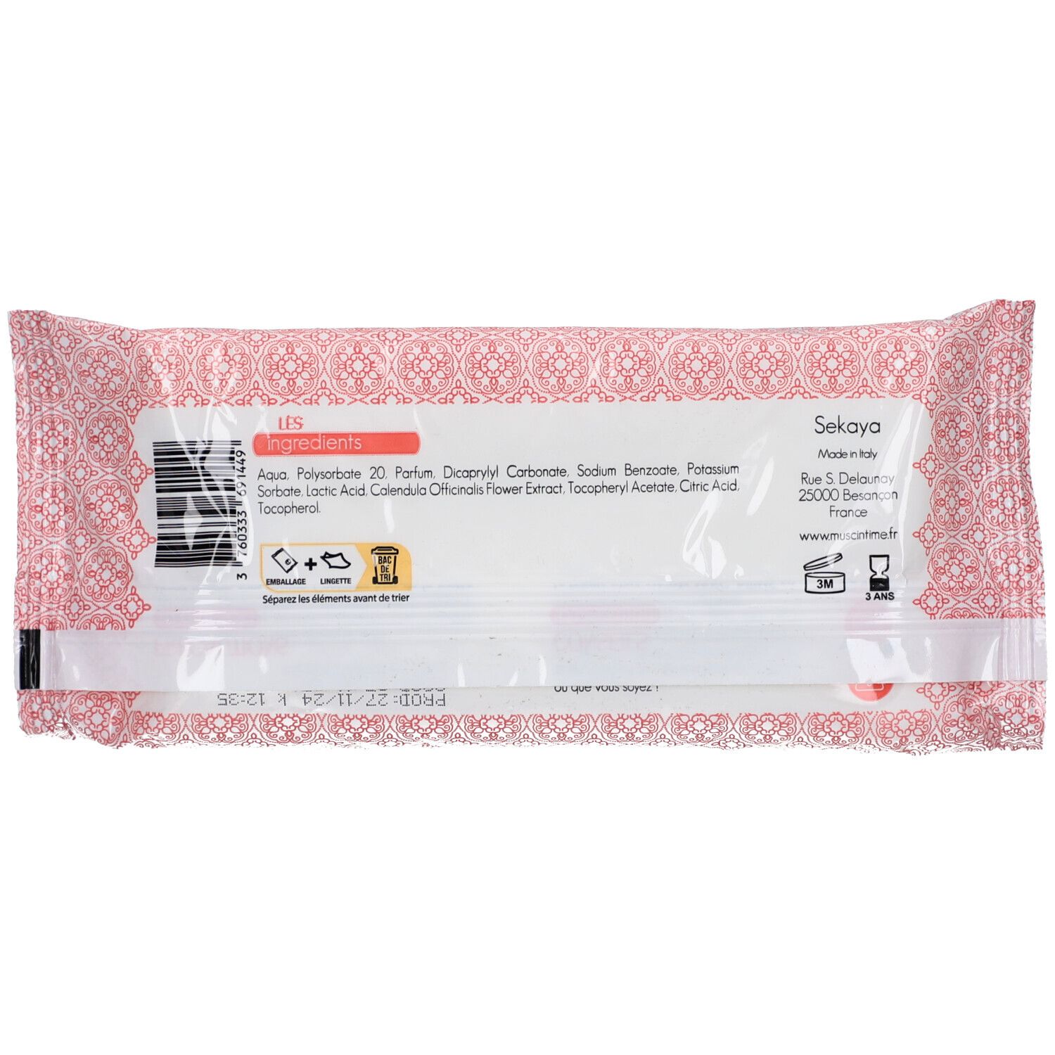 Rückseite der Verpackung mit Inhaltsstoffen und Herstellerinformationen. Rosa-weißes Muster.