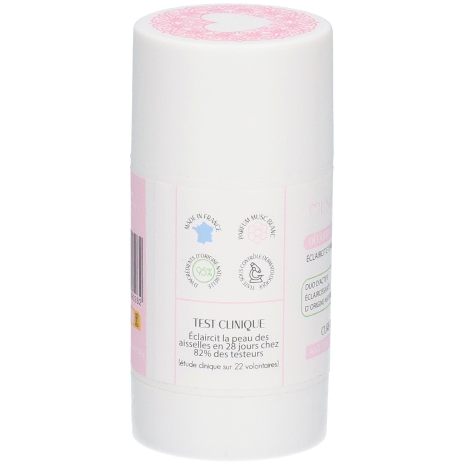 Zylindrischer Behälter, Rückseite. Aufkleber mit Text und Barcode. Text: Test clinique, Éclaircit la peau des aisselles en 28 jours chez 82% des testeurs.