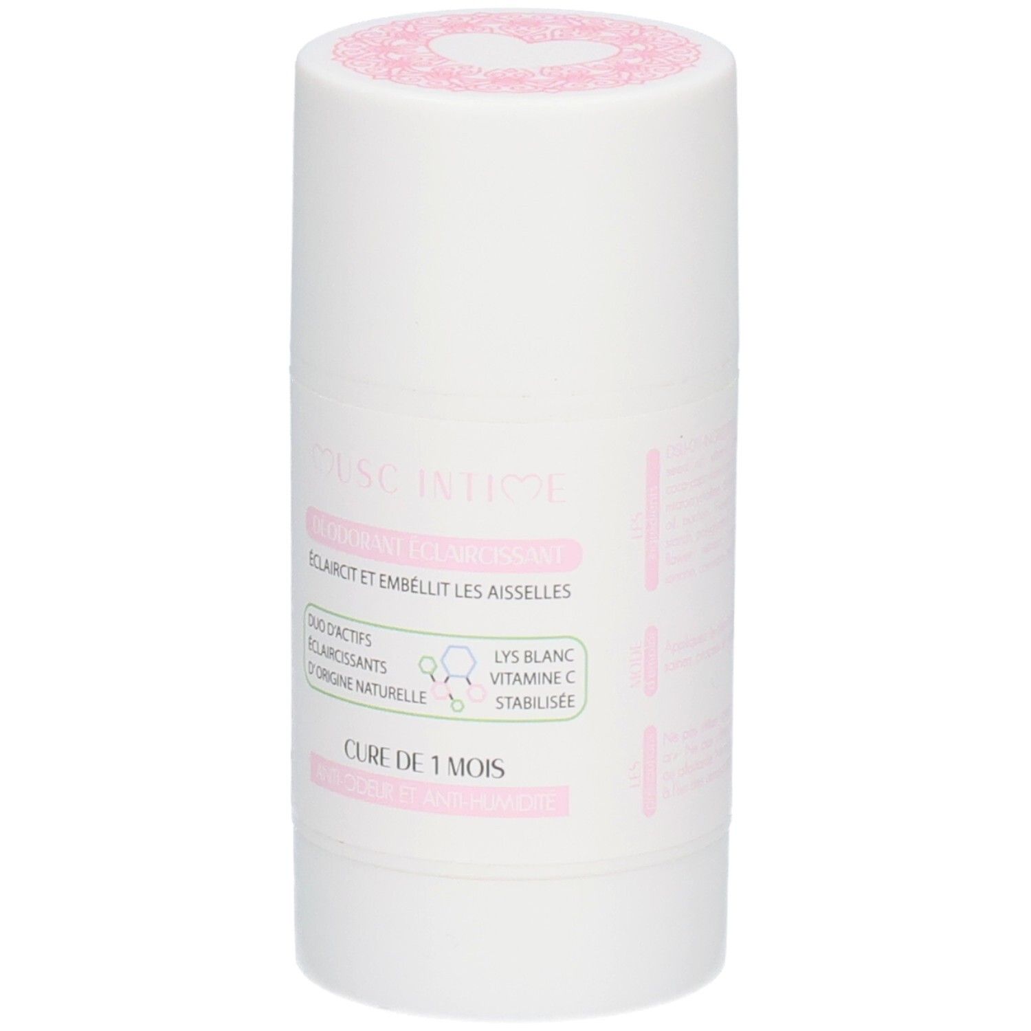 Zylindrischer Behälter mit rosa Deckel. Aufkleber mit Text: Duo actifs éclaircissants, Lys blanc vitamine C stabilisée. Produktname nicht sichtbar.