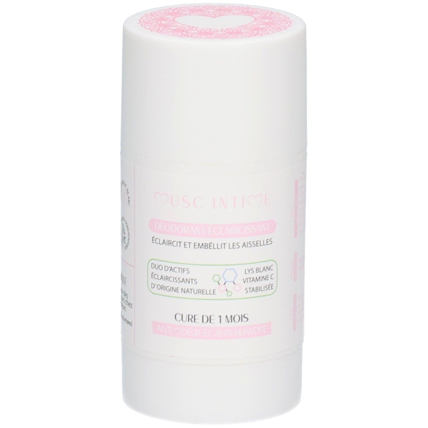 Zylindrischer Behälter mit rosa Deckel. Aufkleber mit Text: Duo actifs éclaircissants, Lys blanc vitamine C stabilisée. Produktname nicht sichtbar.