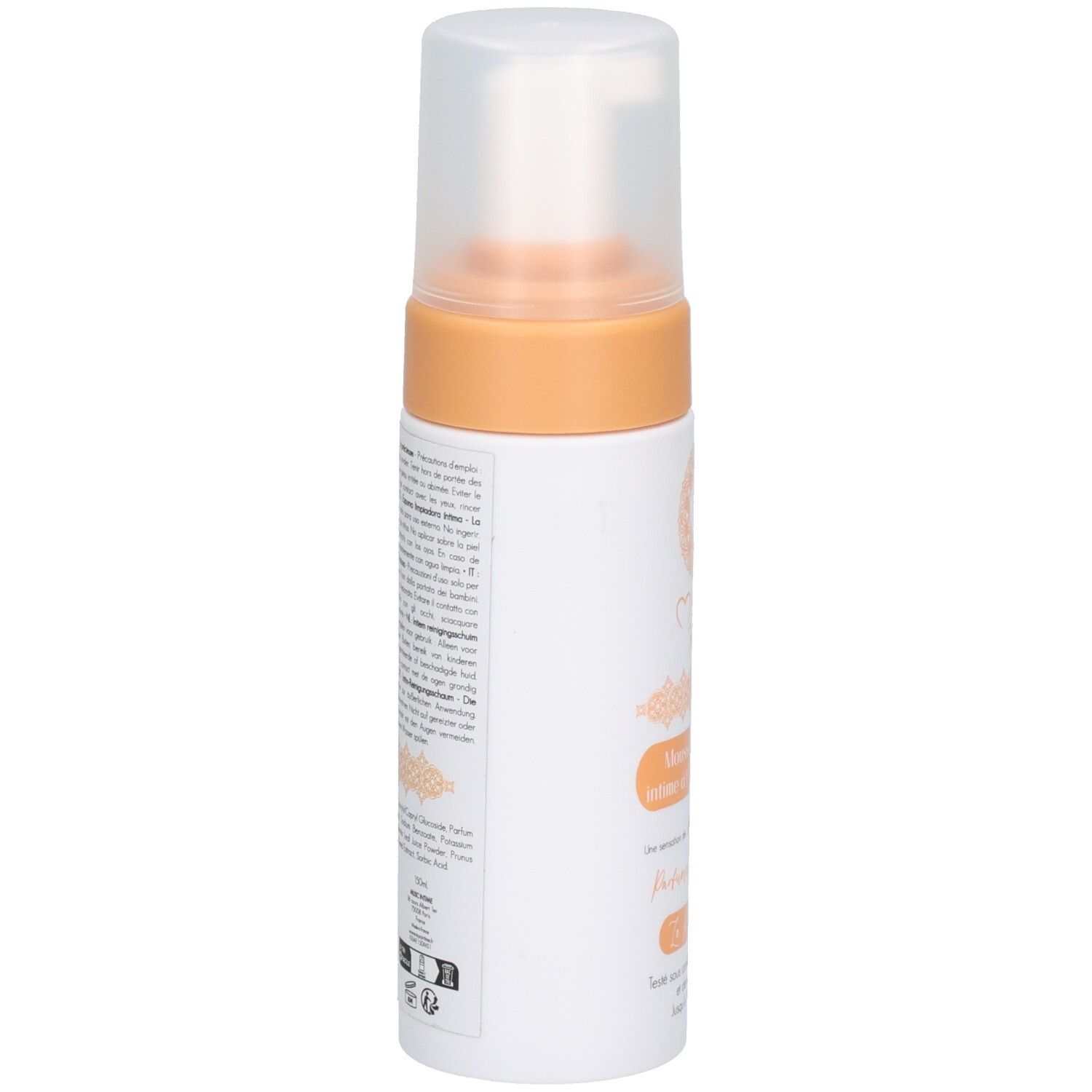 Weiß-orange Flasche, Seitenansicht. Text auf der Rückseite. Transparenter Sprühkopf. Produktname und Logo nicht sichtbar.